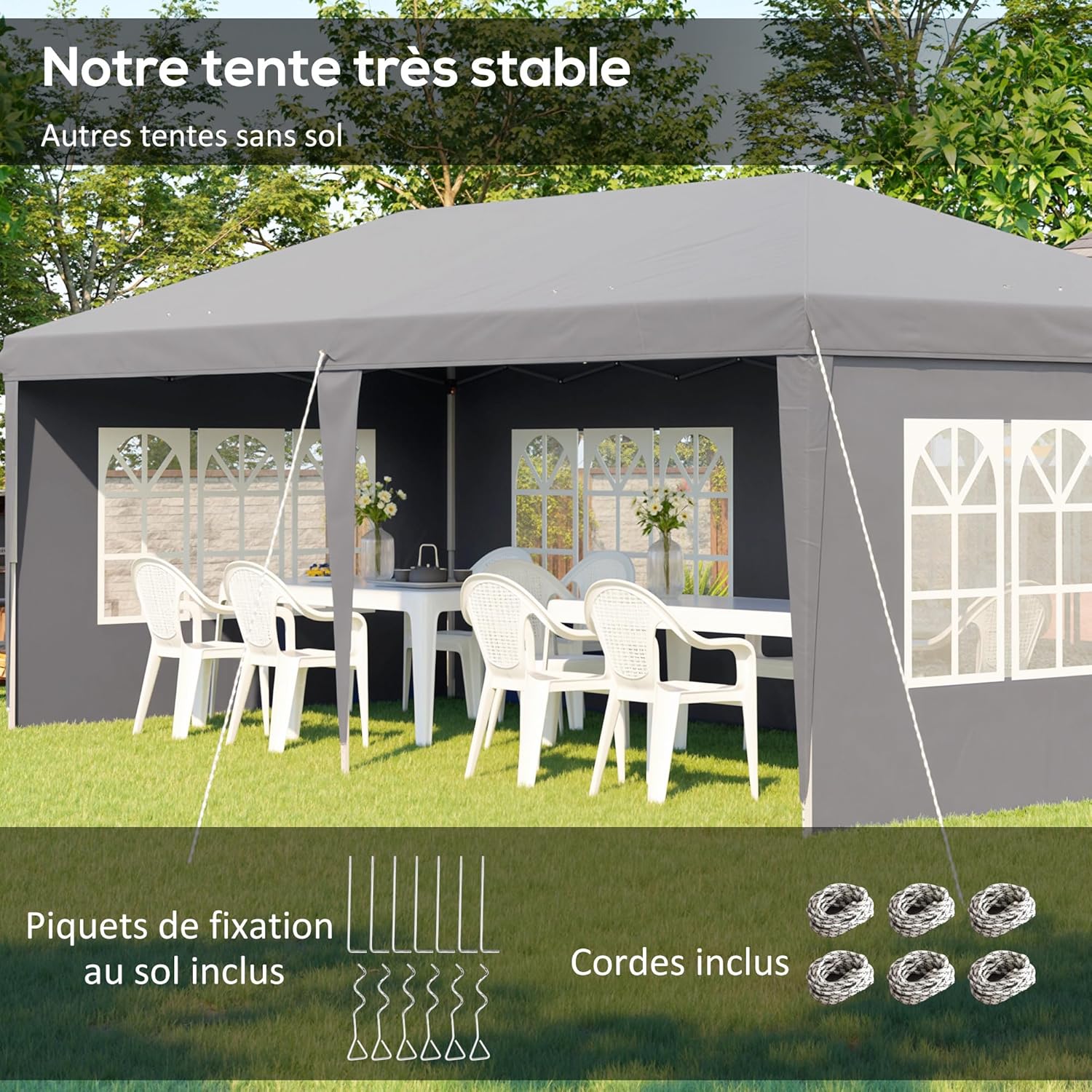Outsunny - tonnelle pliante pop-up 3x6m - 3 côtés, piquets, sac transport