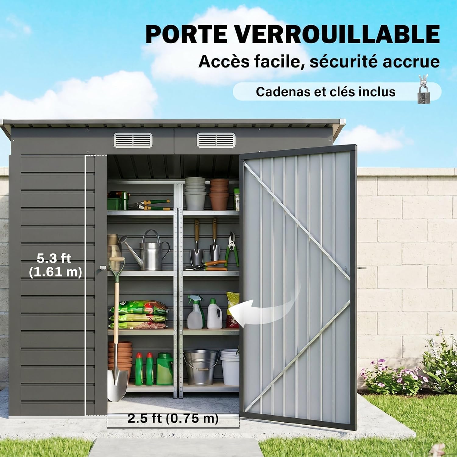 Outsunny - Abri de jardin métal - 191x130x183cm - acier galvanisé, portes verrouillables, aérations