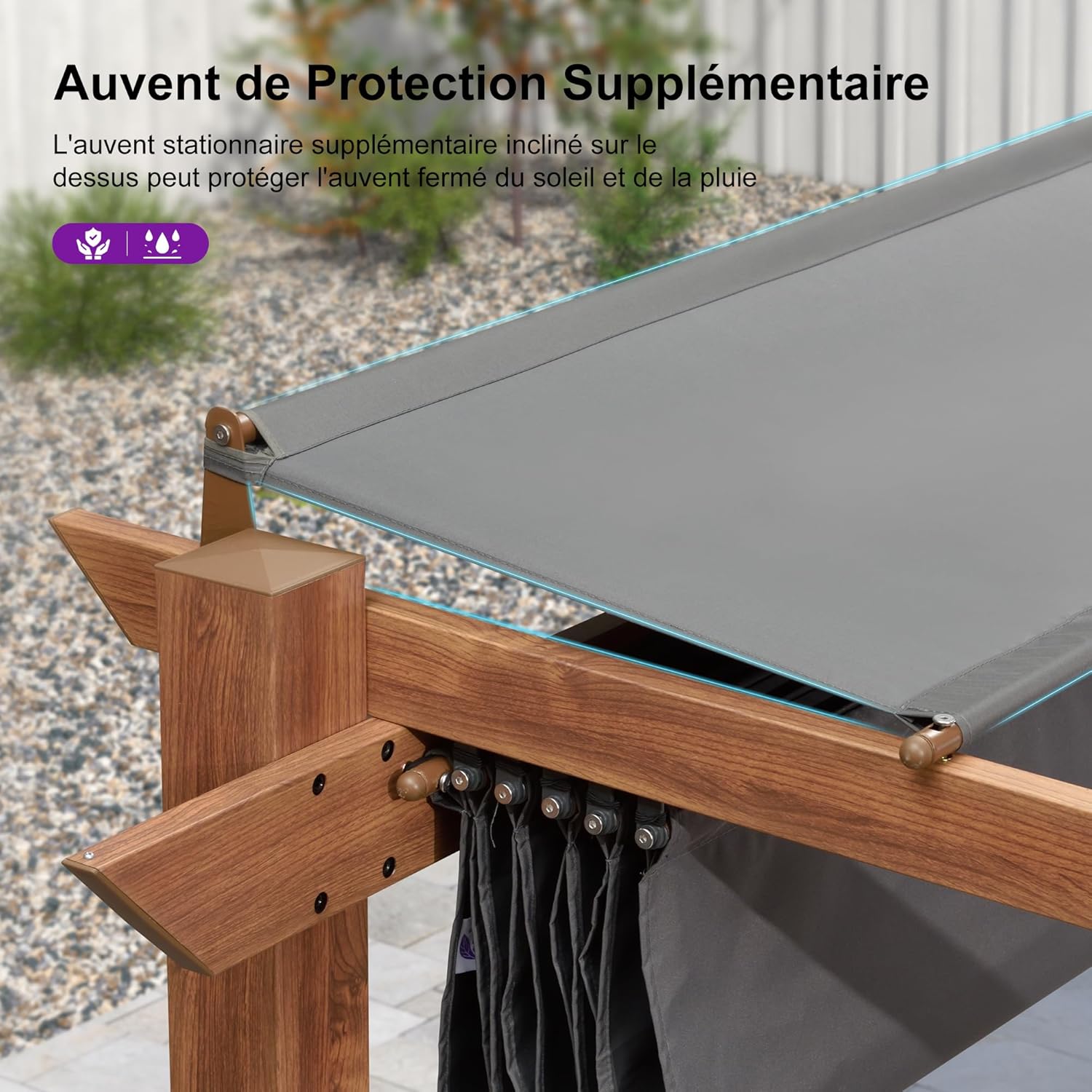 PURPLE LEAF - Pergola aluminium - 4x3m - toile rétractable, teck, imperméable