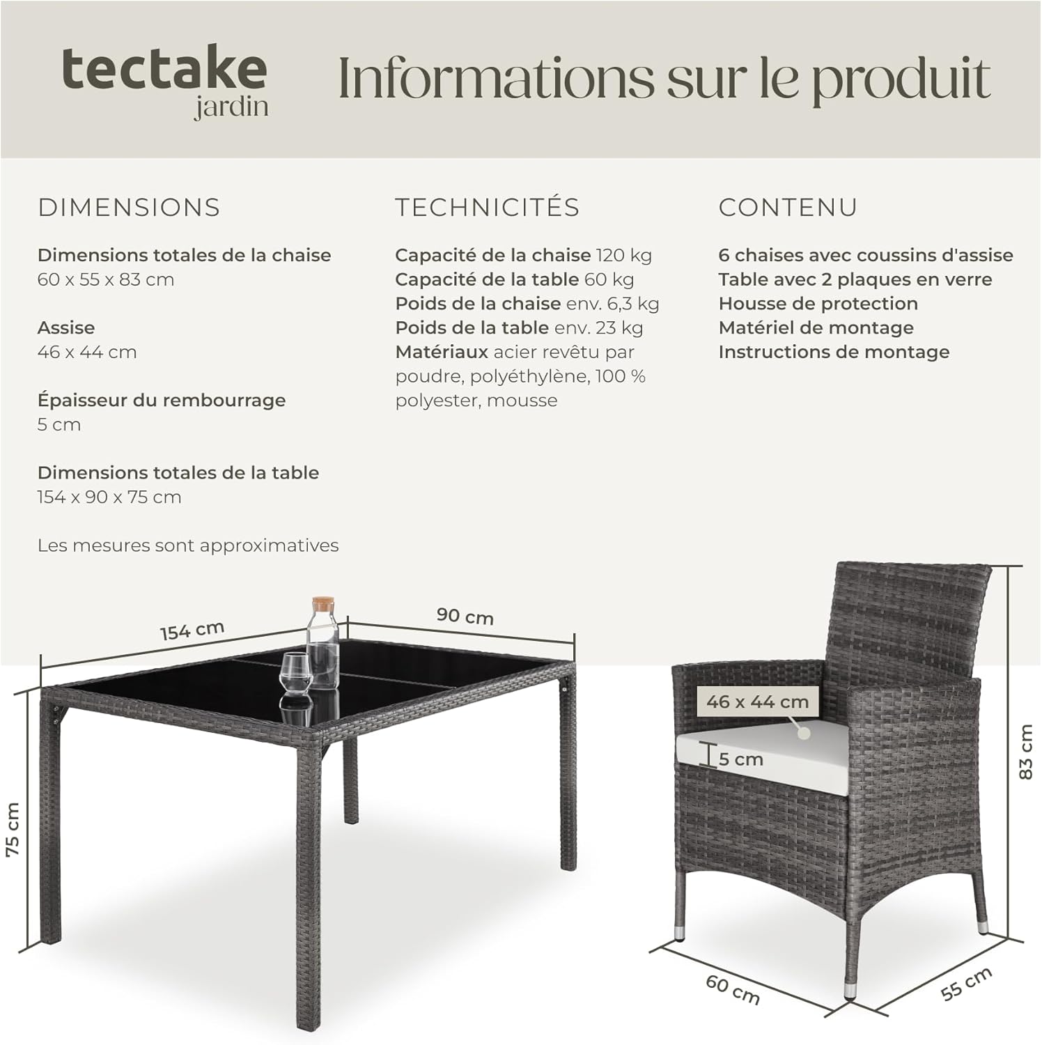 tectake - Salon de jardin poly rotin, 6 chaises, table, résistant UV, gris/blanc