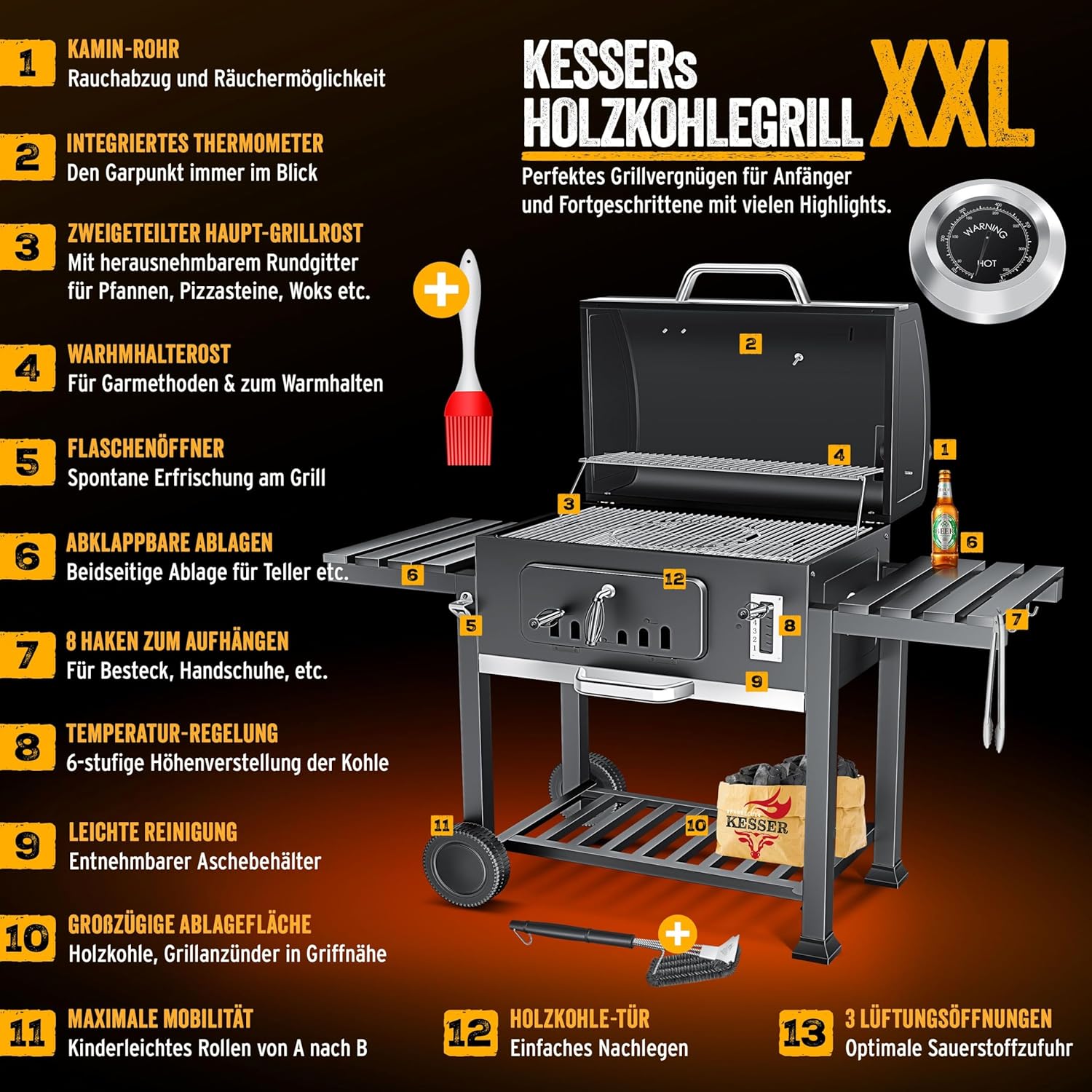 KESSER - Barbecue XXL - grand format, couvercle, roues, accessoires