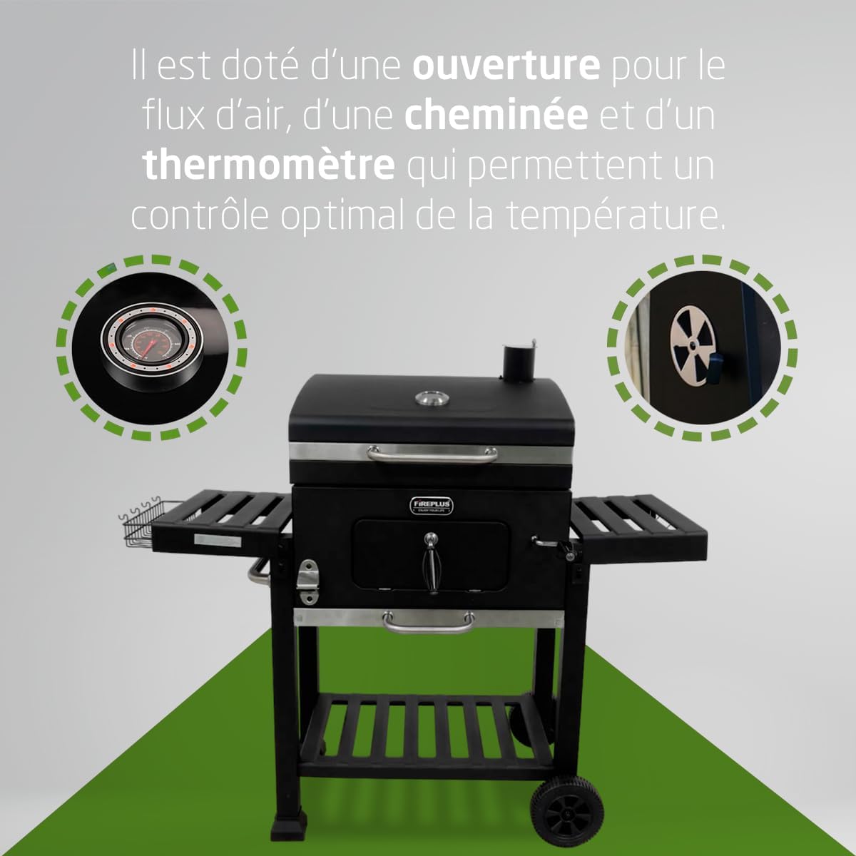 Amig - Fireplus Barbecue - 116,5x13,1x56cm - charbon, roues, plateaux, ventilation