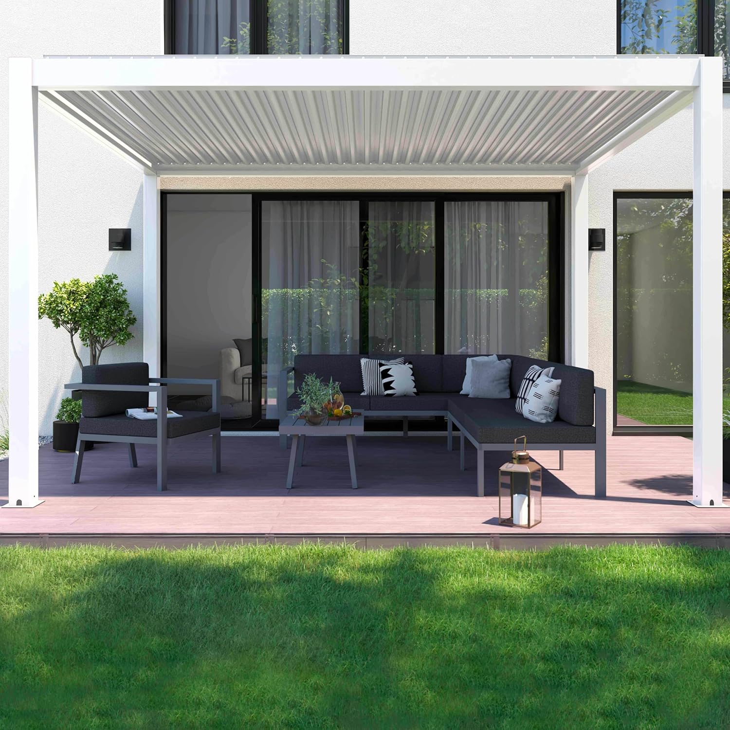 Oviala - Pergola bioclimatique motorisée éclairage - 3x4 m - Blanc
