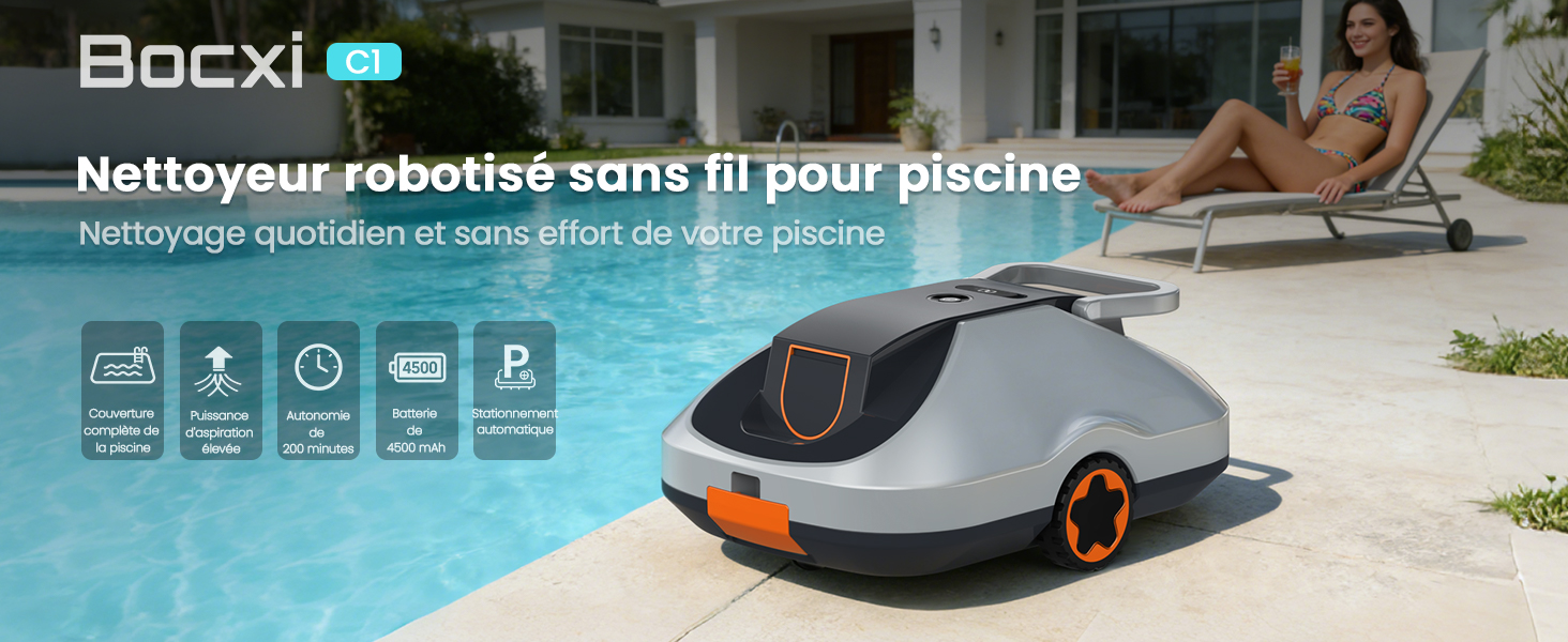 Le texte indique « Image 5 » et « Bocxi ». Aspirateur robot présenté en couleur bleu-gris, avec une image promotionnelle de style de vie le montrant en cours d'utilisation.