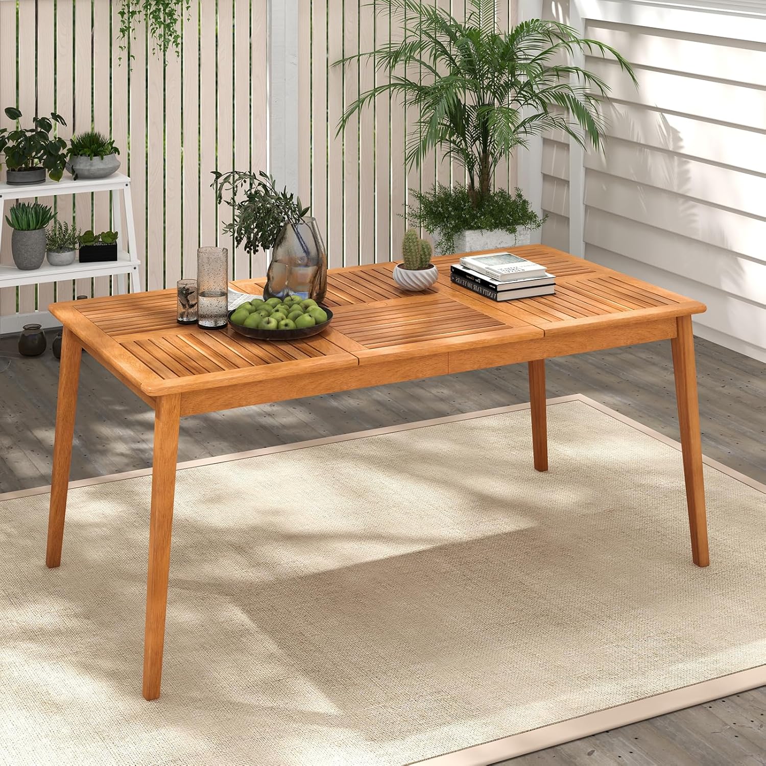 GOPLUS - table de salle à manger extérieur - 90x170 cm - bois acacia, 6-8 pers, trou parasol intégré, charge 160 kg
