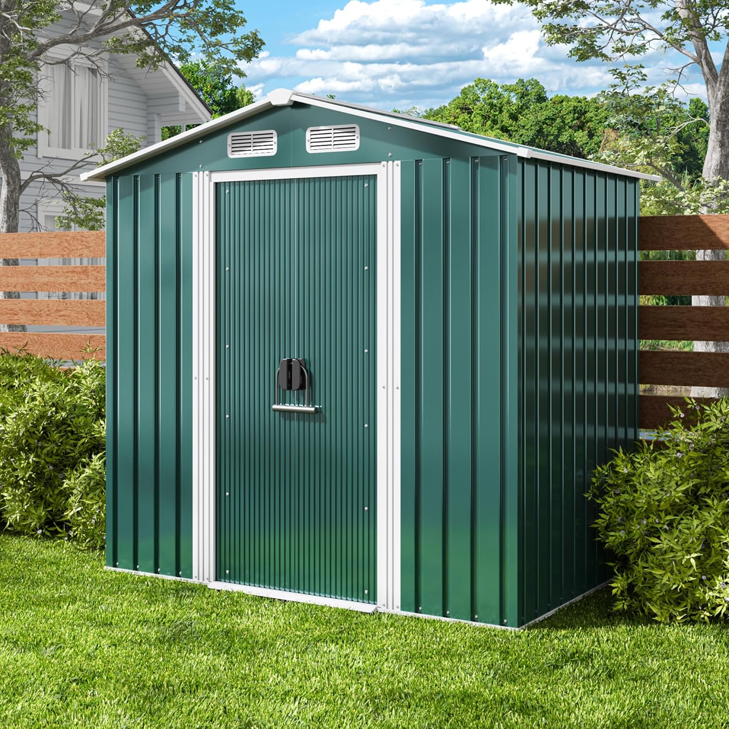 Xbro Abri de jardin en métal 184 x 119 x 186 cm, avec toit en pente et porte coulissante, abri à outils avec serrure et gants (vert)