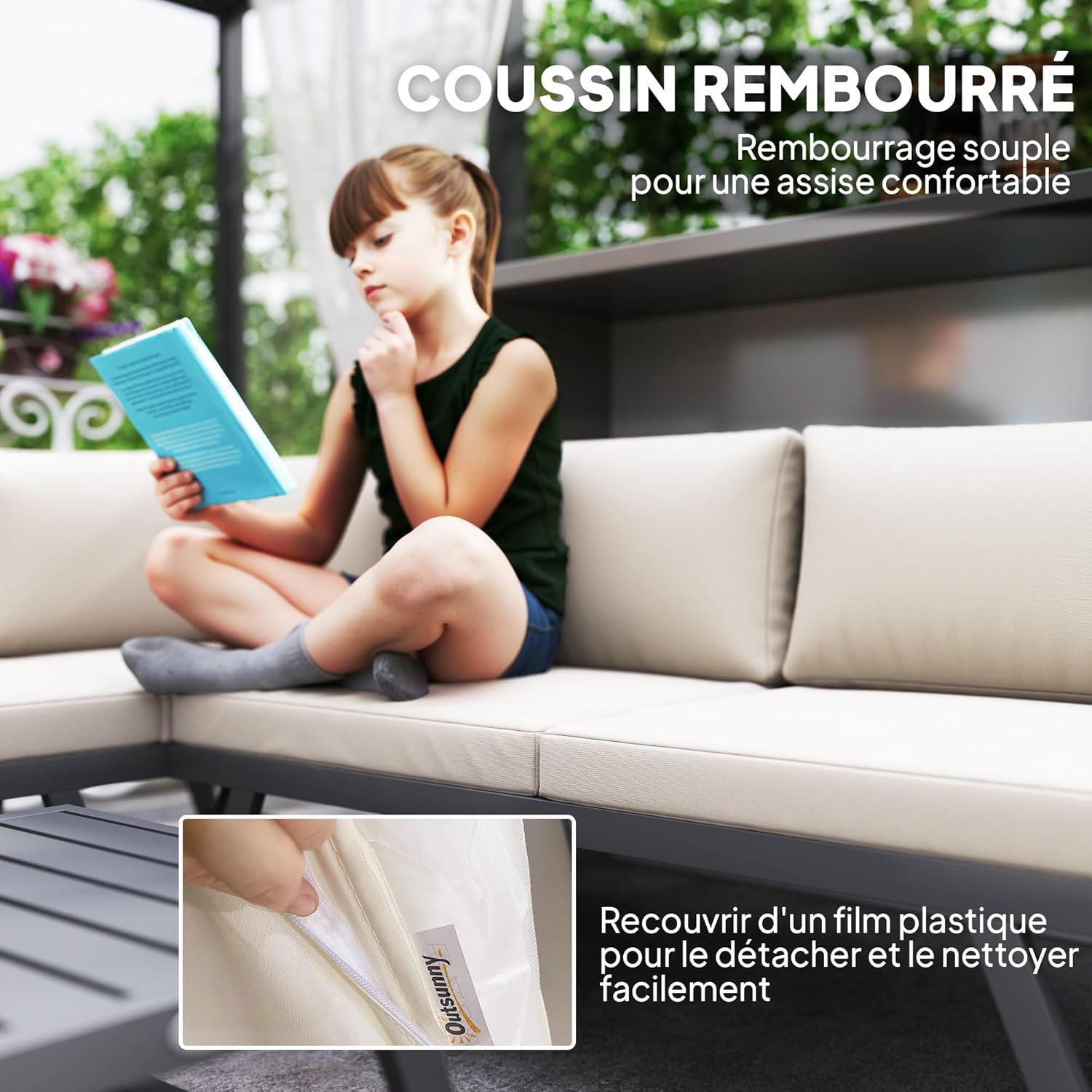 Outsunny - salon de jardin d'angle convertible 4 pcs - alu et acier, coussins, beige