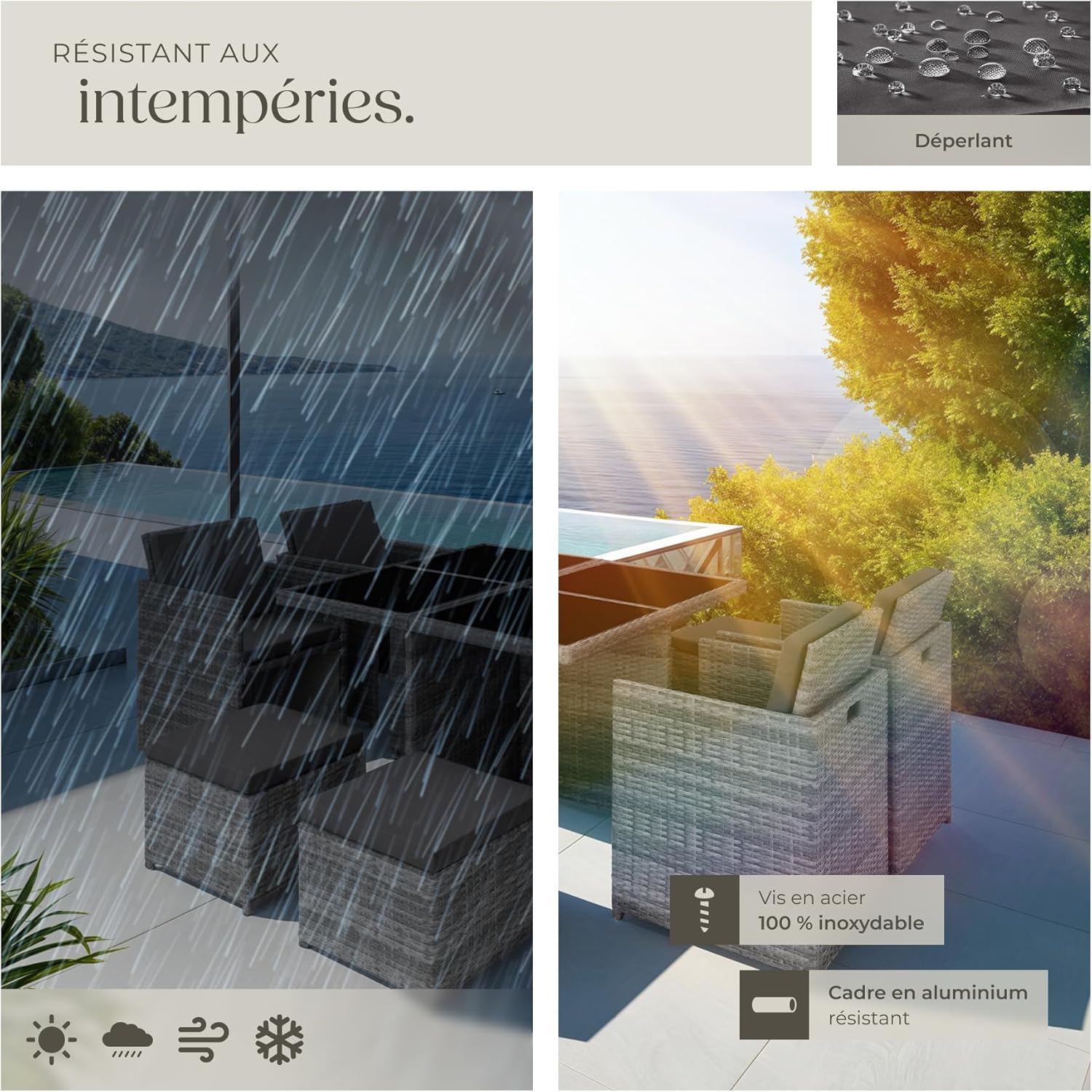 tectake - Salon de jardin 8 places aluminium rotin gris, confortable