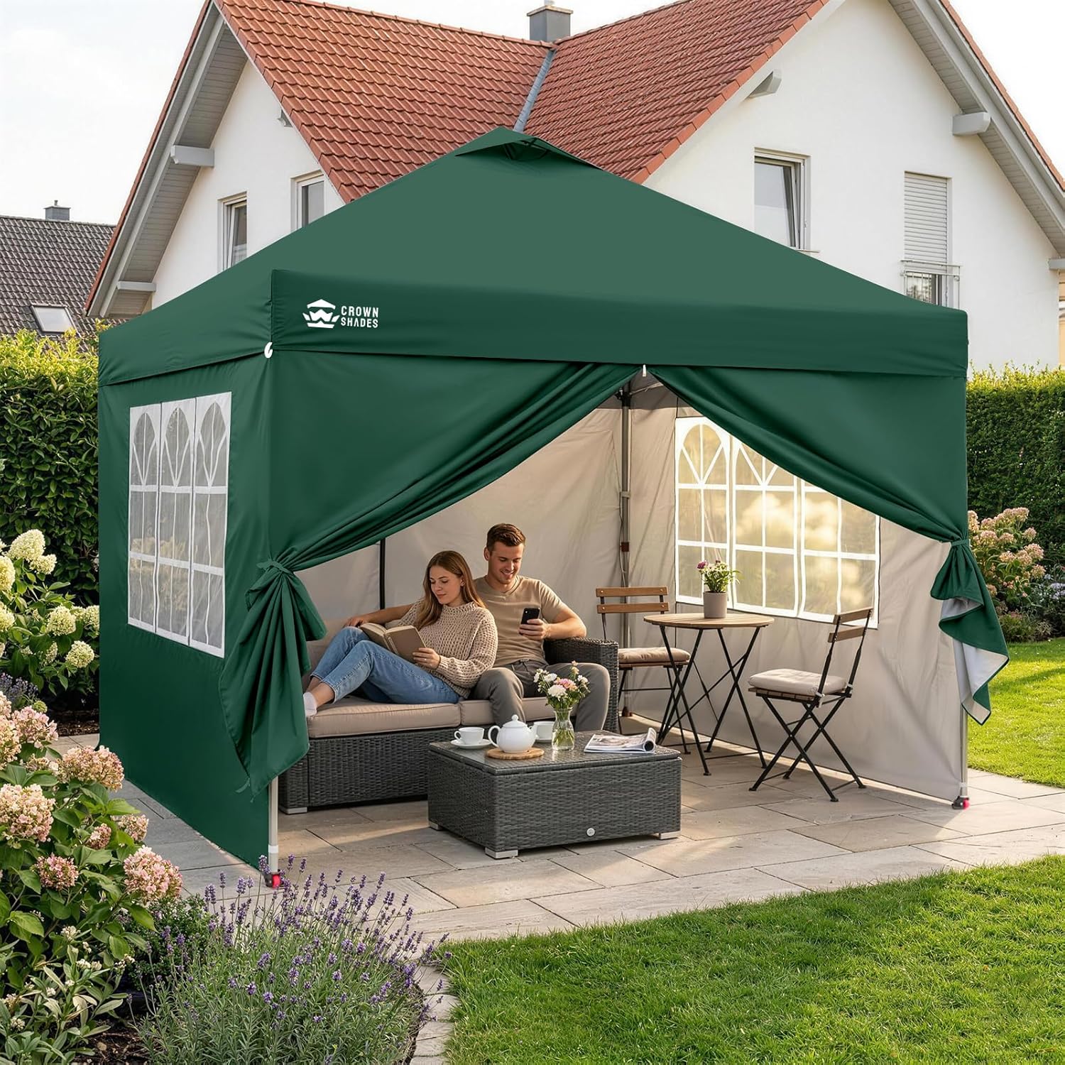 CROWN SHADES Tonnelle Pliante 3x3 Imperméable, Barnum Pliant de Jardin Exterieur, Pop-Up Gazebo avec Sac de Rangement, UPF 50+, avec 4 Parois Latérales Amovible, 4 Sac de Sable, Vert Forêt