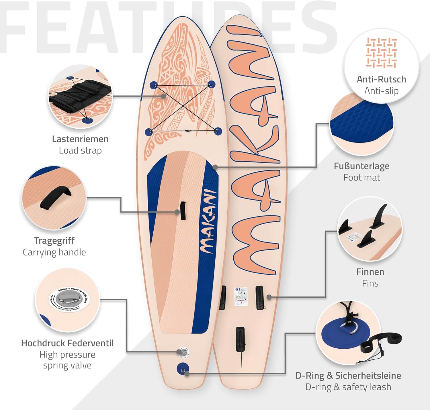 ECD Germany Stand Up Surf Paddle Board Gonflable 305/308/320/380 cm | PVC | jusqu'à 120/150 kg | Épaisseur 10/15 cm | Planche de Surf Pagaie Sac de Transport Pompe à Air | Diverses Couleurs Modèles