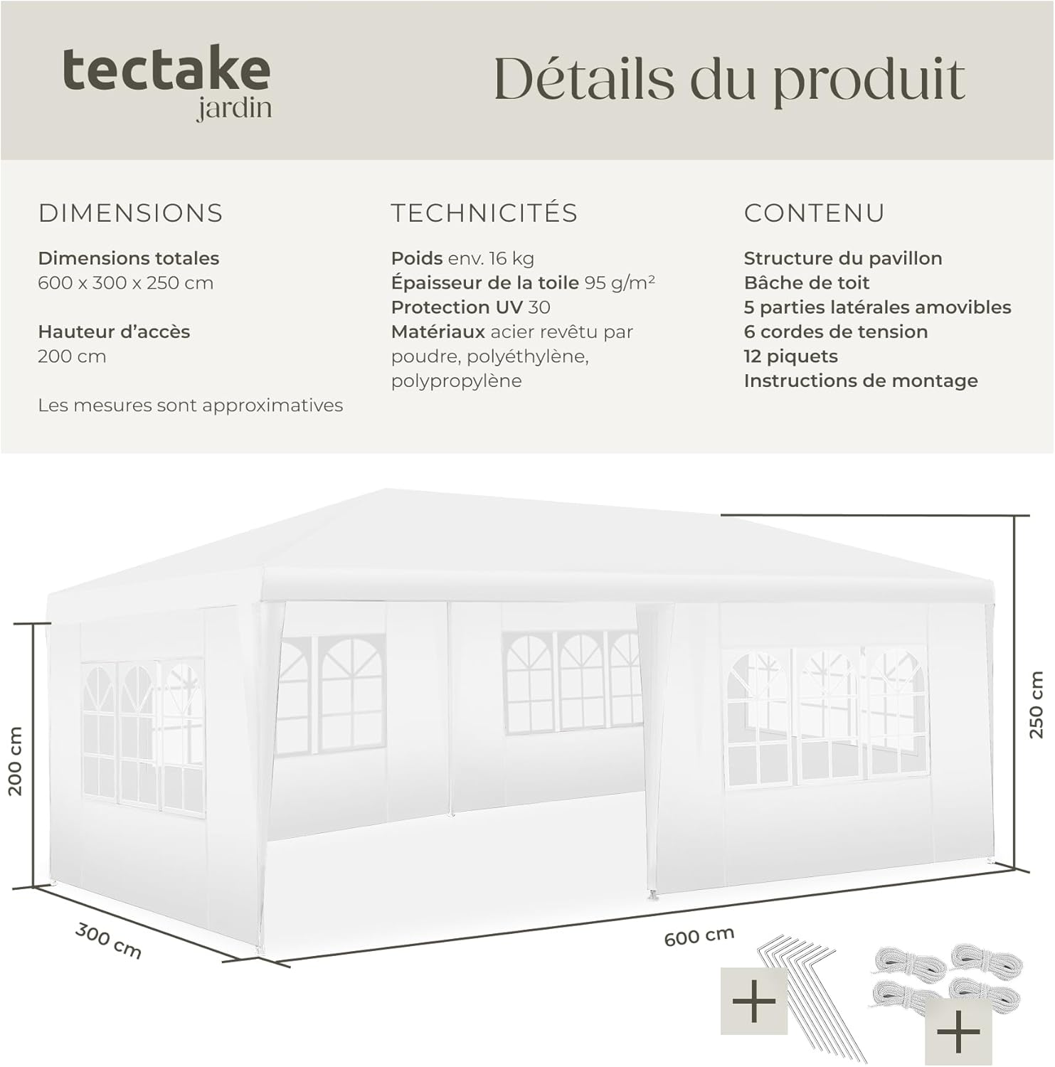 tectake - tonnelle de jardin 6x3 m - UV 30+, eau, parois amovibles, acier époxy