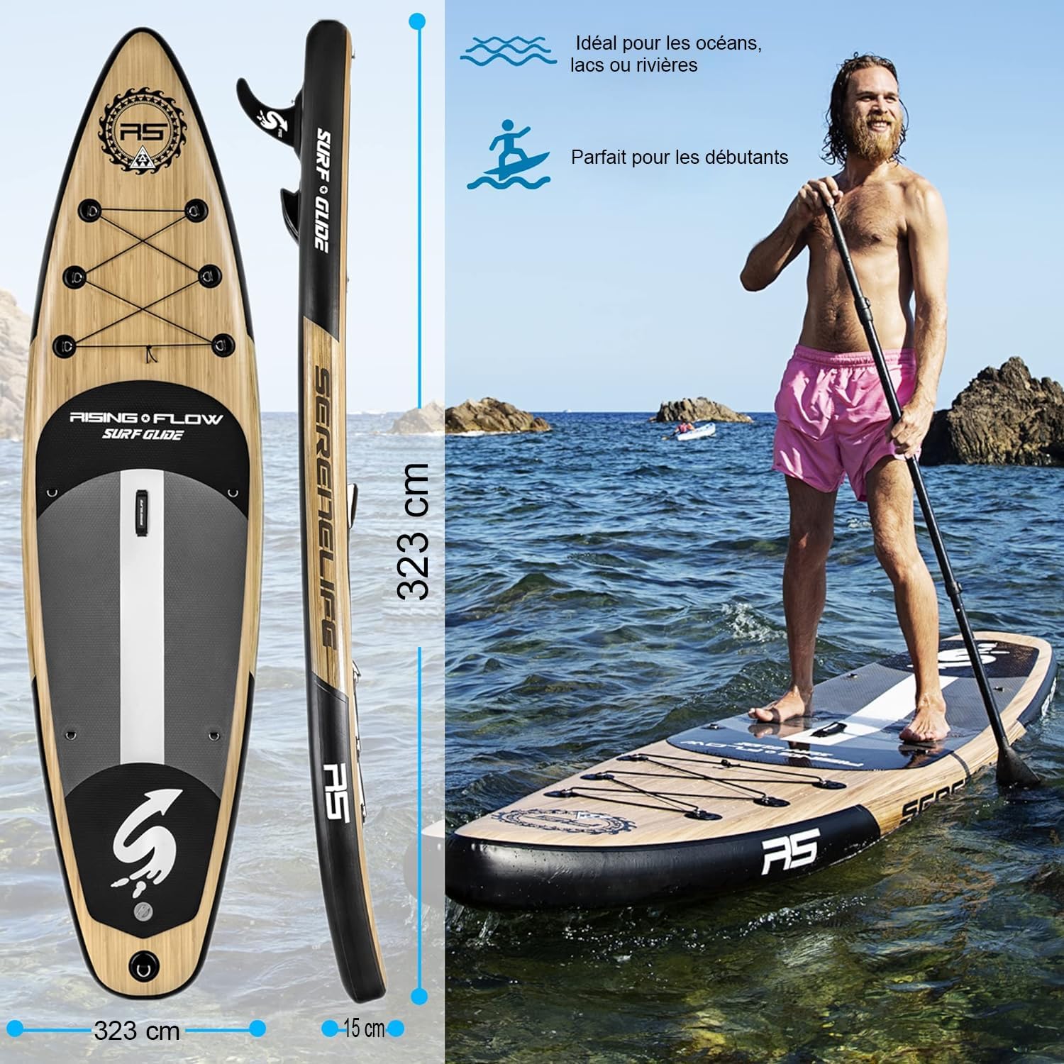 SereneLife Stand Up Paddle Gonflable Adulte 6” – Planche de Paddle avec Accessoires Sup, Sac de Transport, Pont Antidérapant, pour Mer, Lac, Rivière