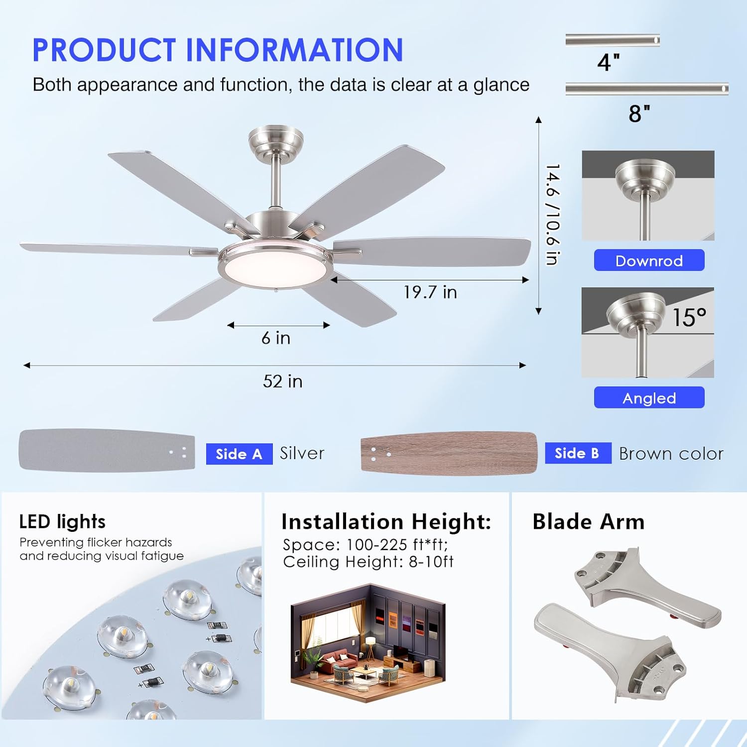 Kviflon - ventilateur plafond LED 132 cm, moteur DC silencieux, télécommande, design moderne, 3 pales ABS