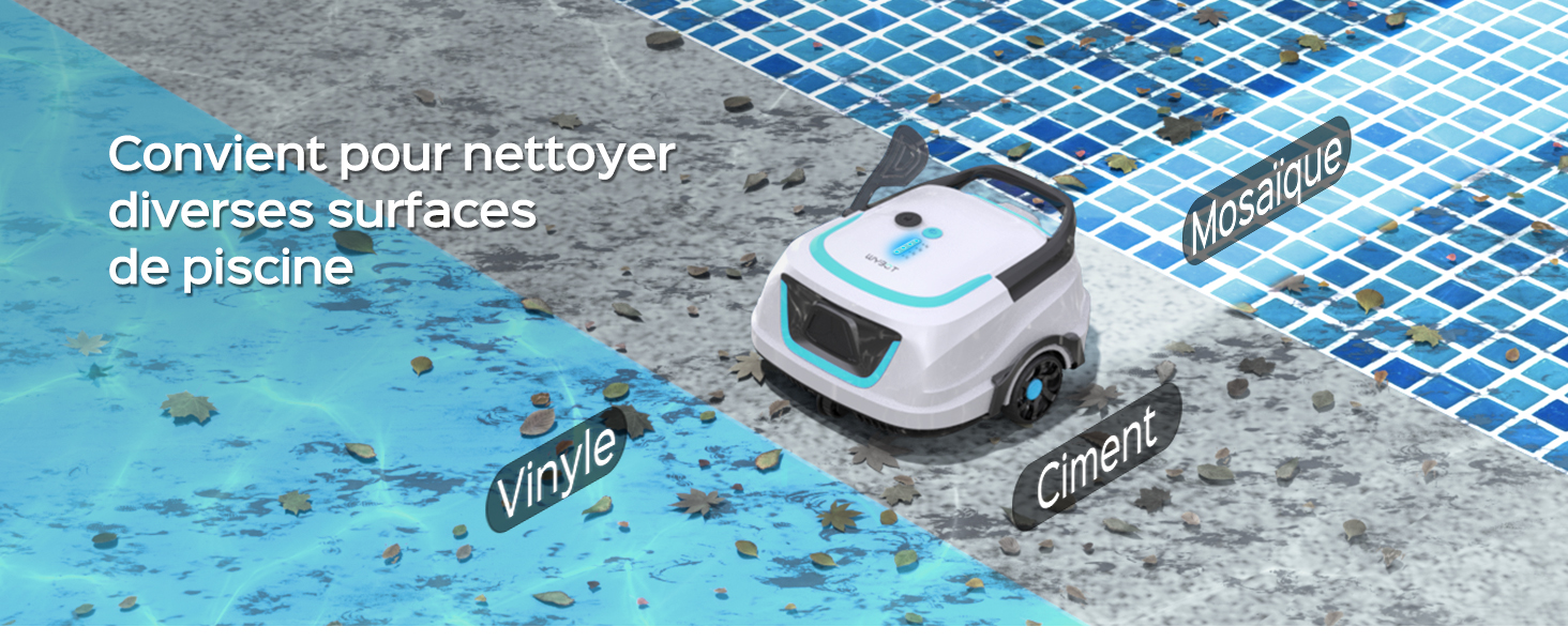 sur une surface de carreaux bleus avec de l'eau, avec un texte en français sur les capacités de nettoyage des surfaces.
