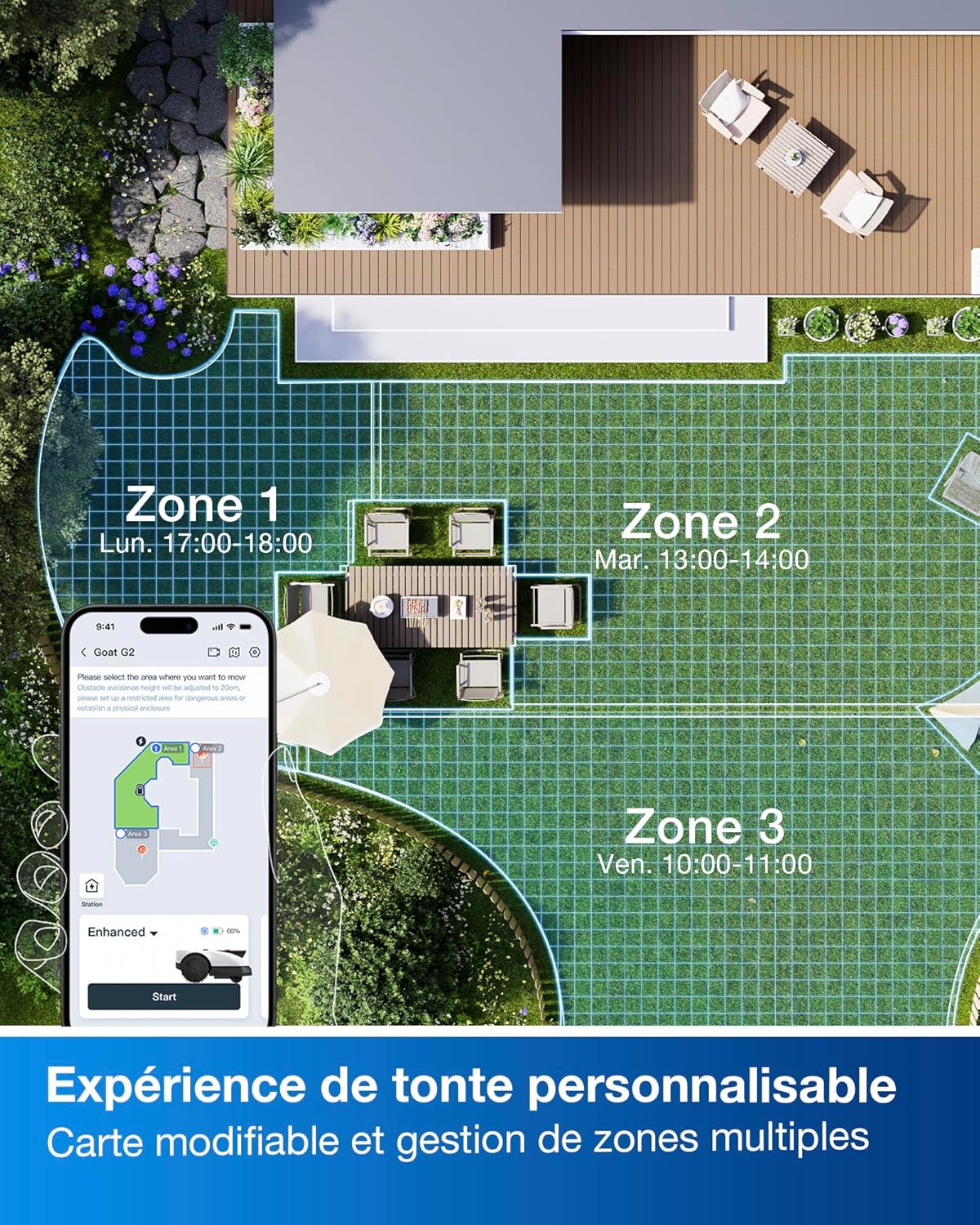 ECOVACS - robot tondeuse série O800 - 800m² - RTK+Lidar, cartographie avancée, passages 0,7m, bordures précises - Goat O