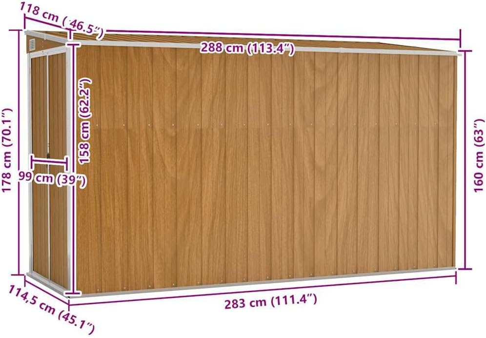 Solivagant Abri de Jardin Mural Marron 118 x 288 x 178 cm Acier galvanisé,(40.02 KG)