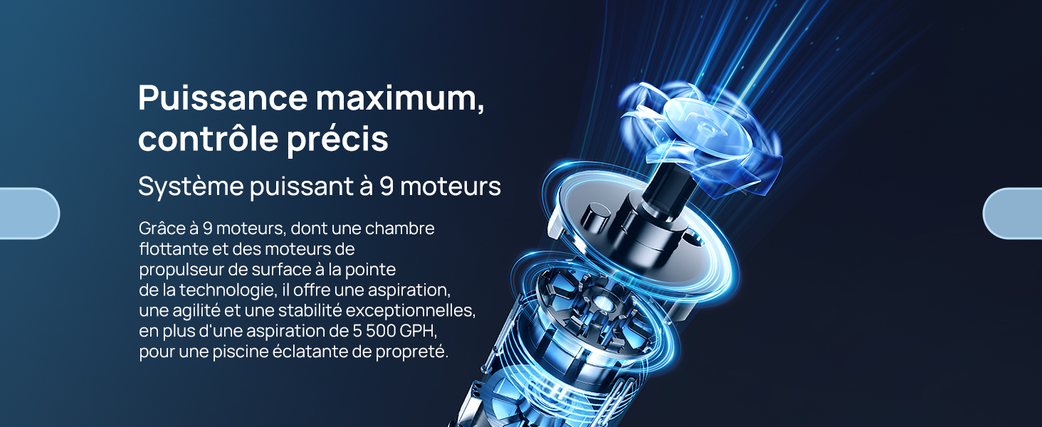 Schéma de découpe du moteur électrique avec lueur bleue. Affiche plusieurs composants et engrenages. Le texte français décrit un puissant système à 9 moteurs avec un contrôle précis