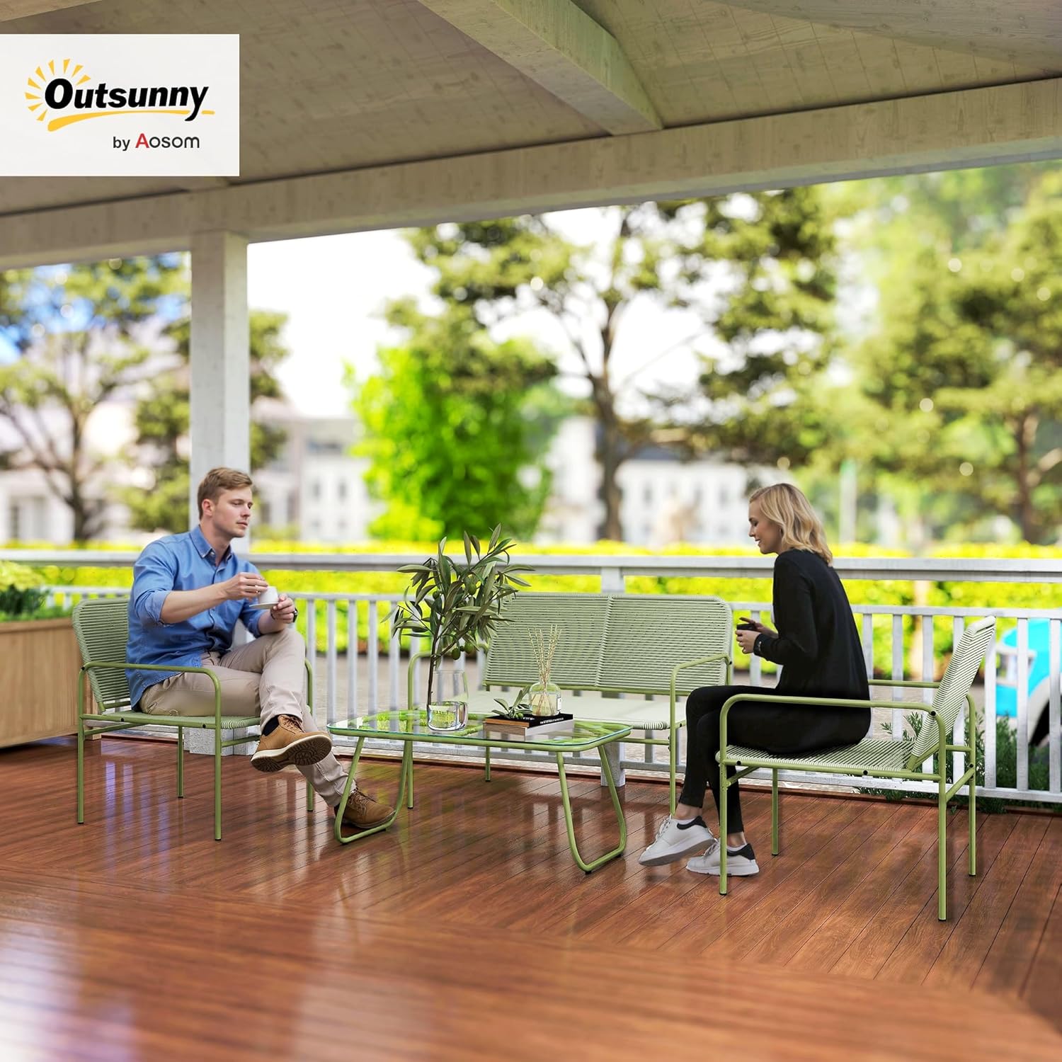 Outsunny - salon de jardin 4 places acier résine vert - canapé, fauteuils, table