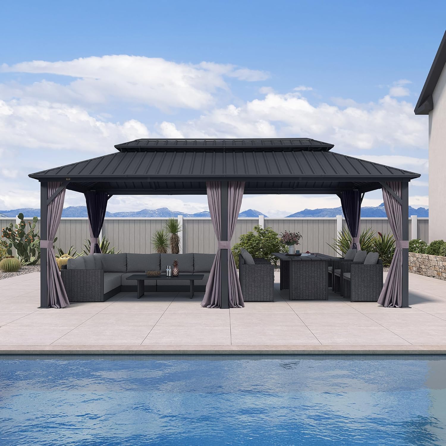 PURPLE LEAF - pergola double toit 6x3m, alu & acier, rideaux & moustiquaire