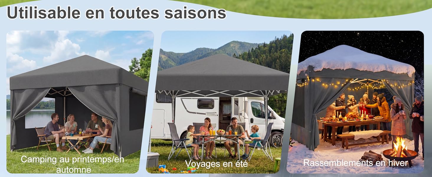 Le texte indique « Utilisable en toutes saisons ». Trois photos montrent un belvédère ou une tente à baldaquin escamotable gris dans divers environnements extérieurs : utilisation diurne du jardin, organisation d'événements avec éclairage chaud et espace de rassemblement nocturne.