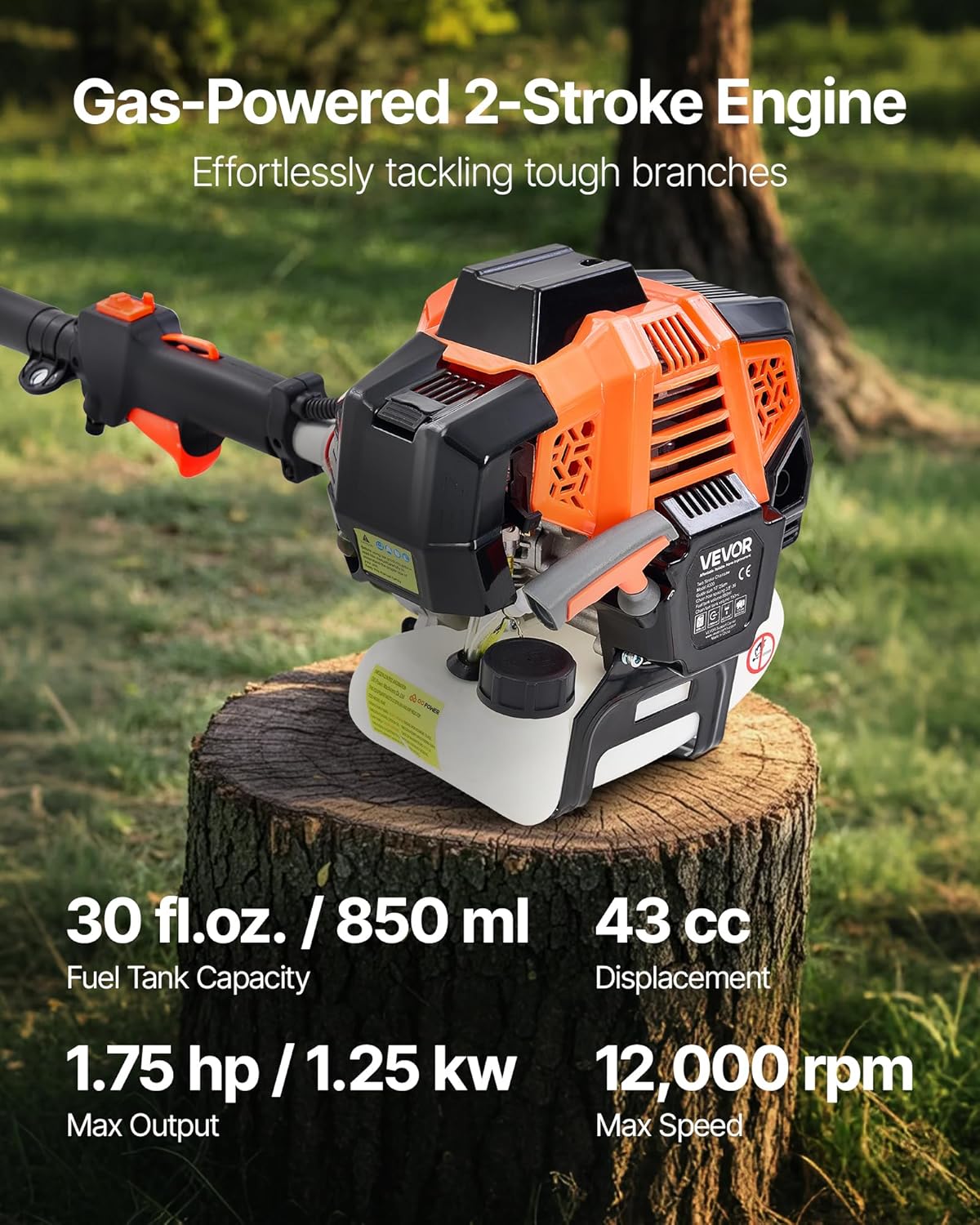 VEVOR - élagueuse thermique sur perche 43cc - 2,08-3,58m - sans fil, guide 25,4cm, réservoir 850ml
