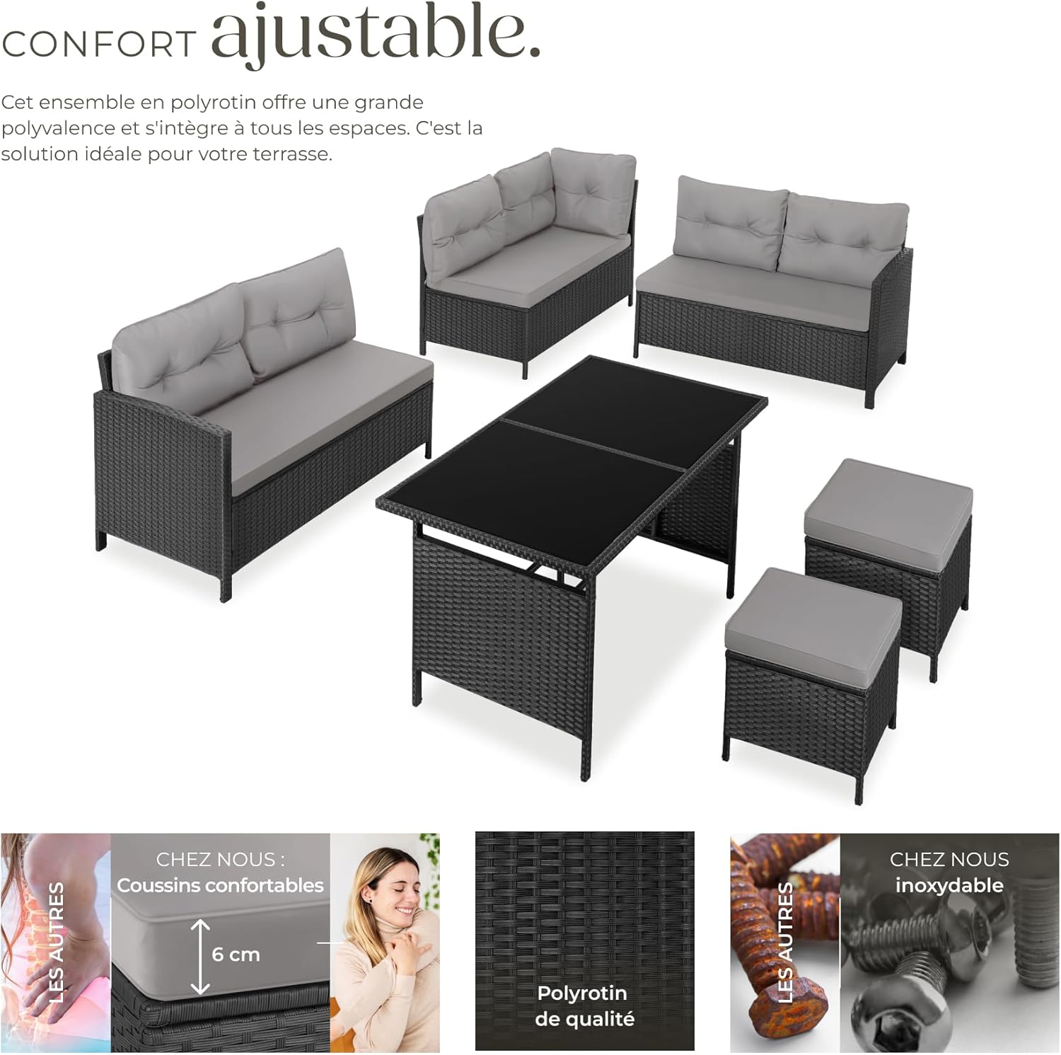 tectake - salon jardin modulable rotin - canapé angle, verre, poufs, coussins