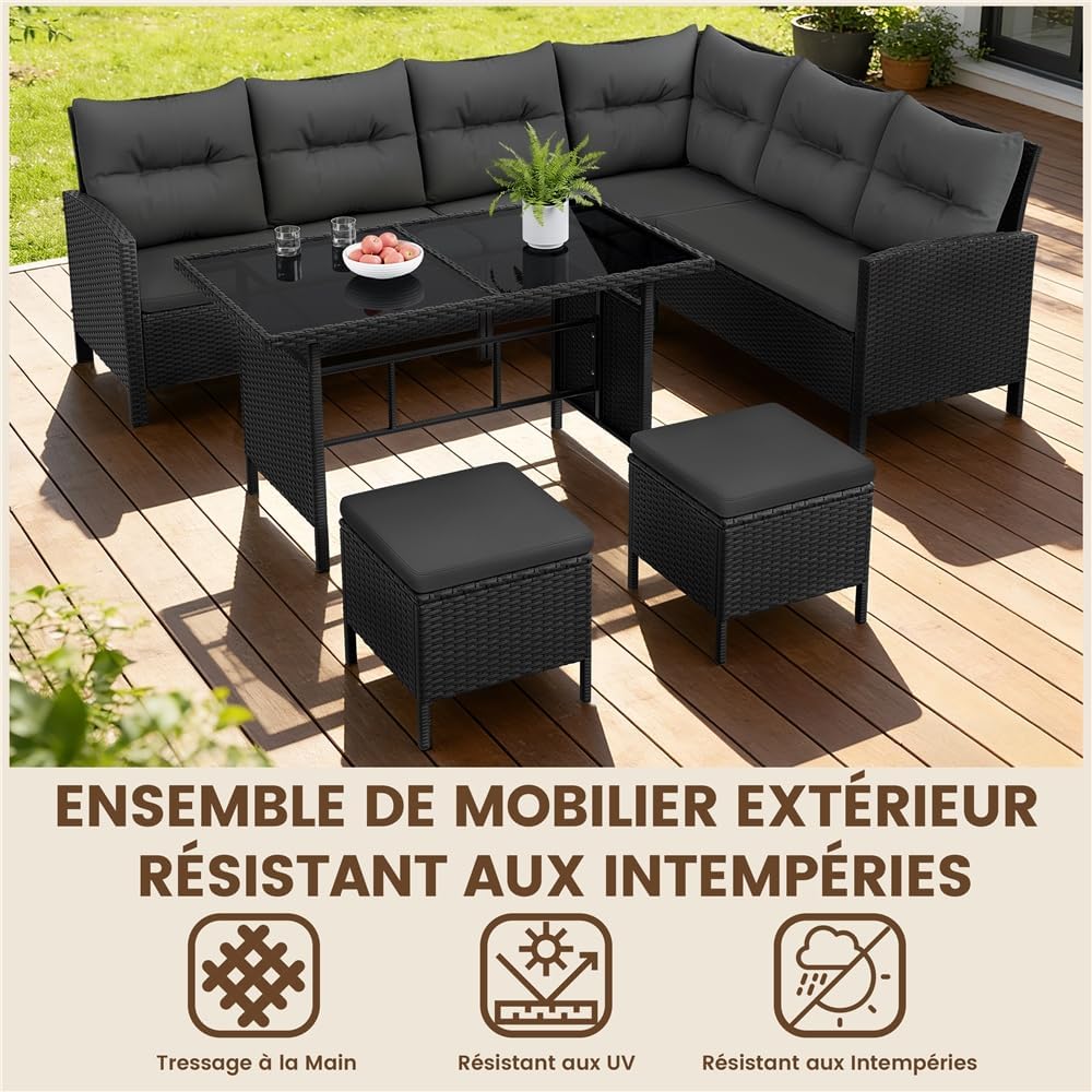 Yaheetech - Salon de jardin 4 pièces - polyrotin, ottomans, table - noir/gris
