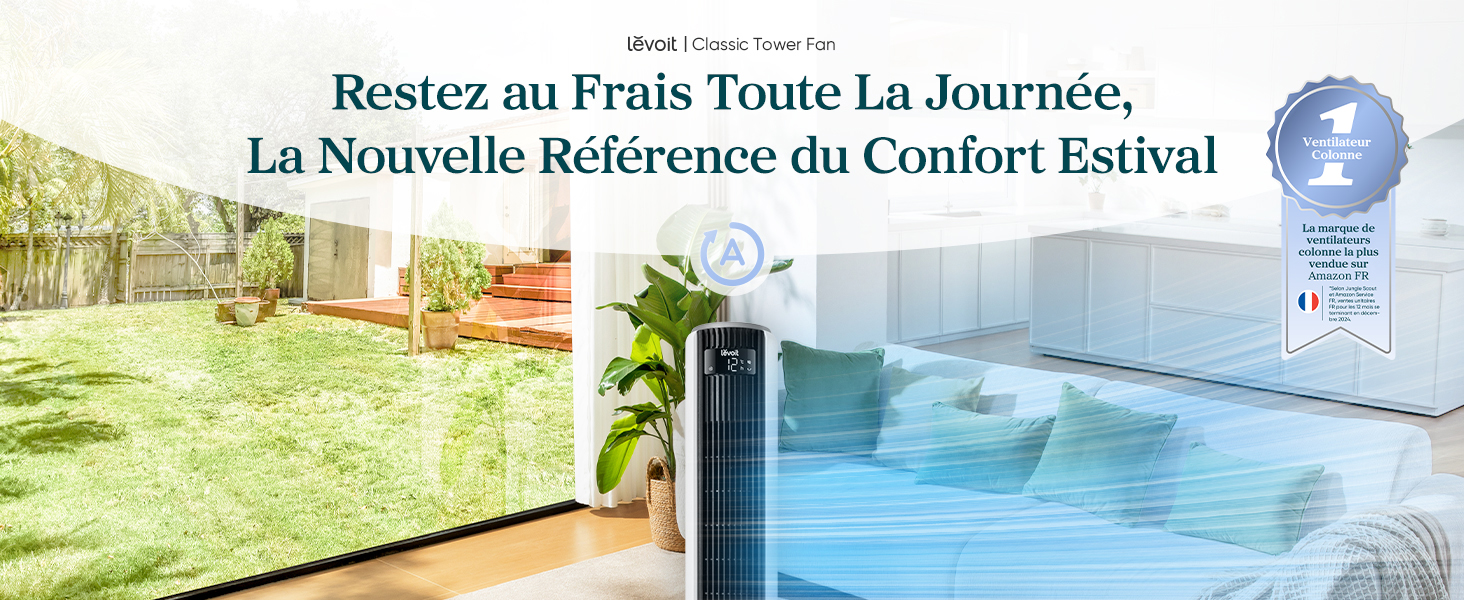 Le texte se lit comme suit : « Restez au Frais Toute La Journée, La Nouvelle Référence du Confort Estival ». Scènes de festival ou d'événement en plein air avec ciel bleu et verdure.