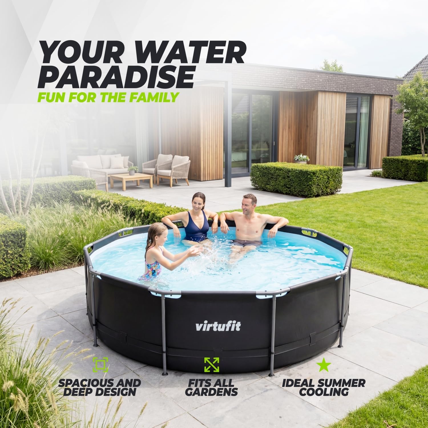 VirtuFit Piscine (Noir, Ø366 x 100 cm (INKL. Filterpumpe), Ronde)