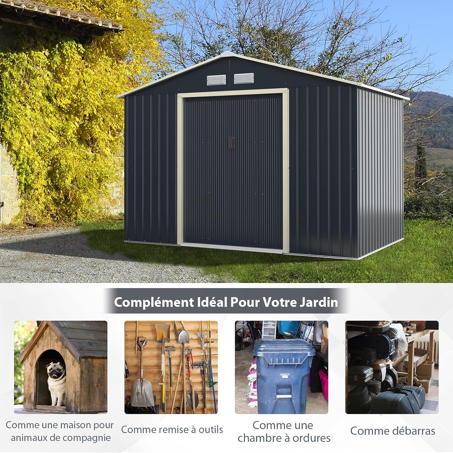 COSTWAY Abri de Jardin en Métal 5.2㎡ avec 2 Portes Coulissantes Verrouillables, Cabane Jardin Rangement 4 Trous d’Aération Toit Penché, pour Vélo, Poubelle, Gris (277,5 x 191 x 202,5cm)