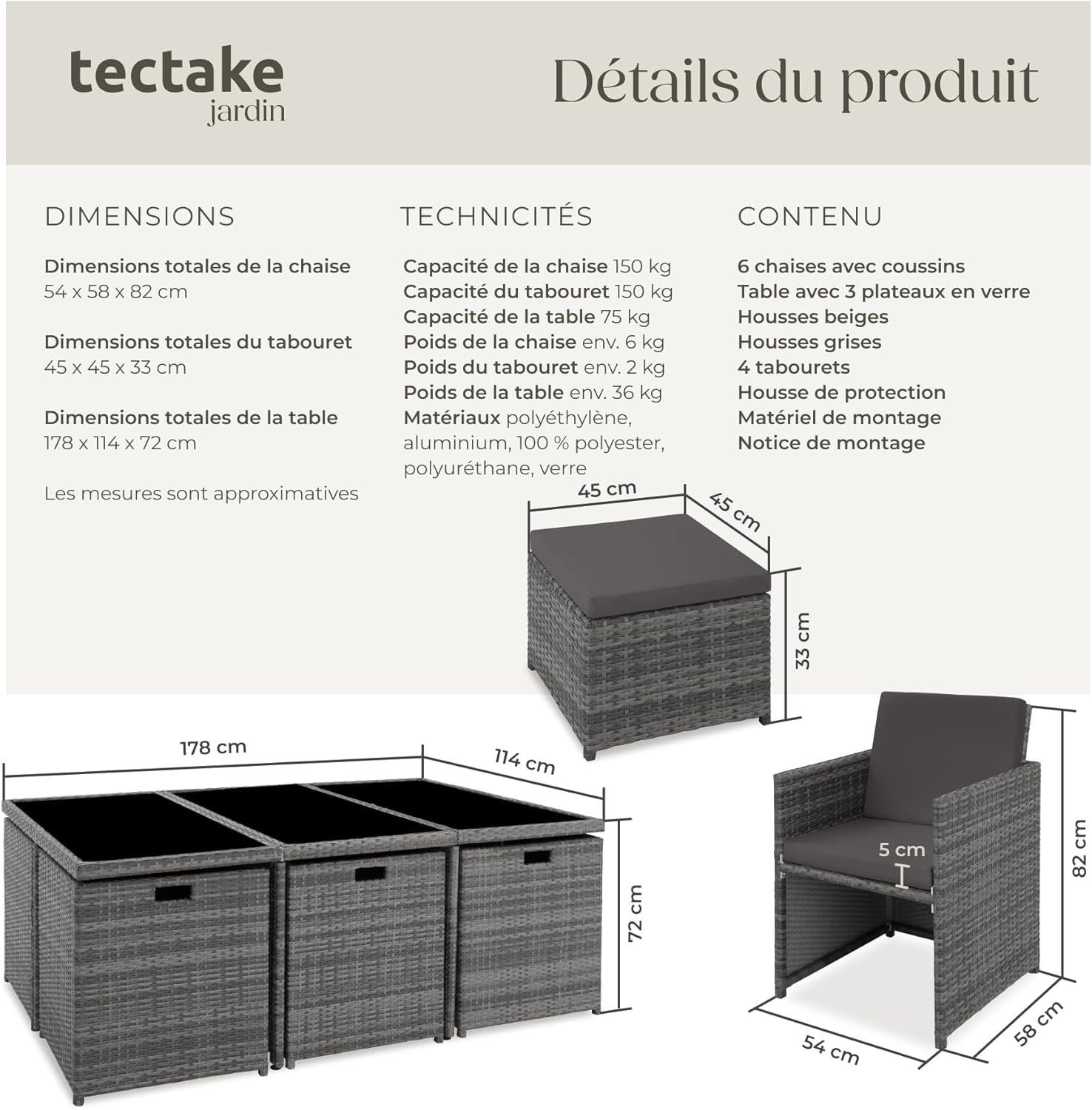 Tectake - Salon de jardin polyrotin 10 places, housses incluses, gris