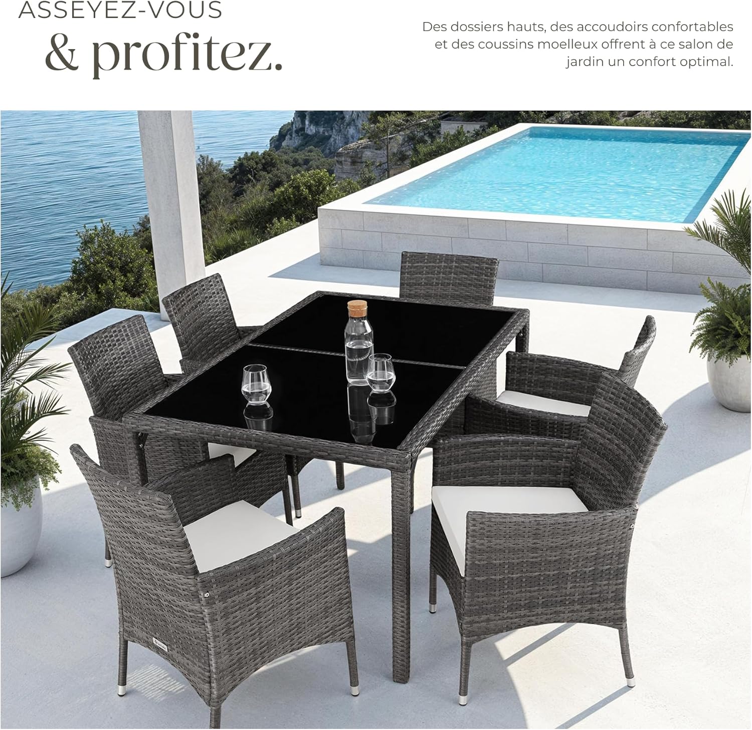 tectake - Salon de jardin poly rotin, 6 chaises, table, résistant UV, gris/blanc