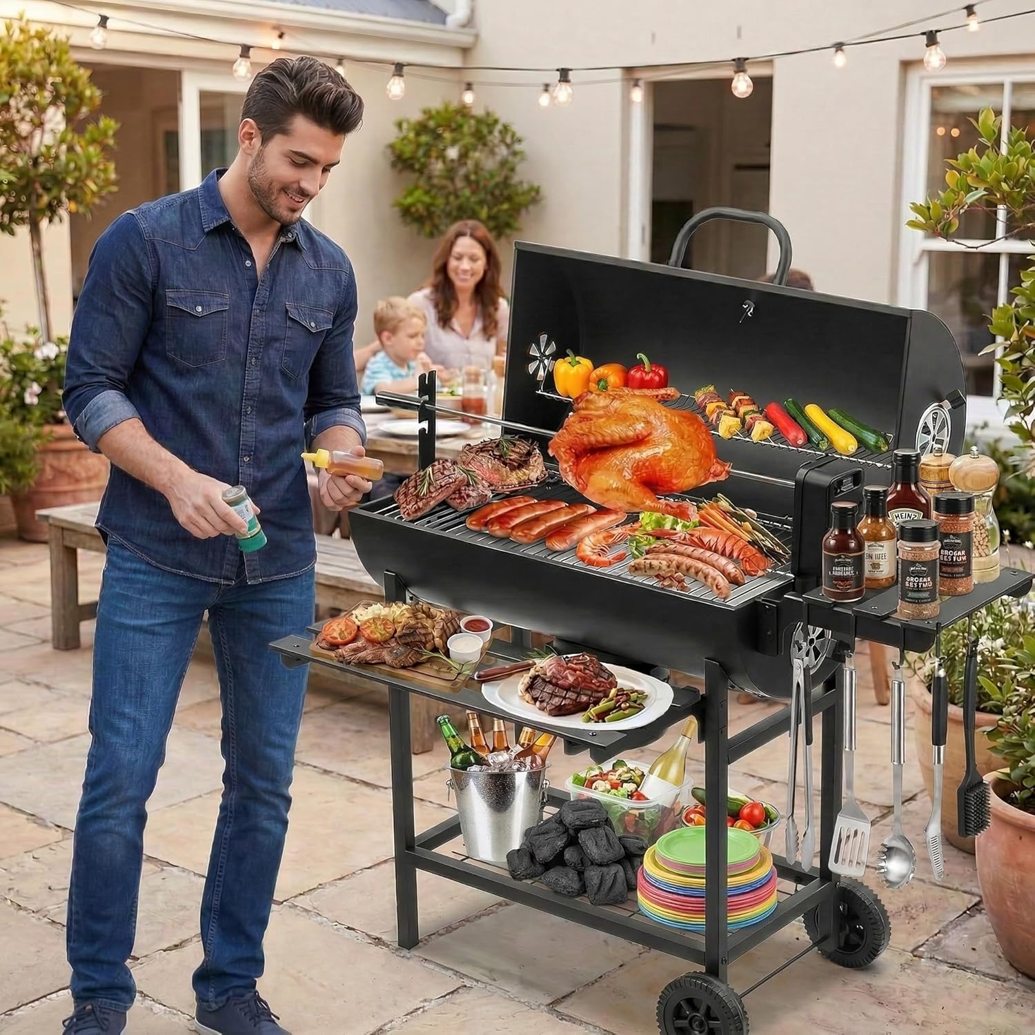 DEWINNER - Grill XXL - acier carbone, couvercle, thermomètre, rôtissoire