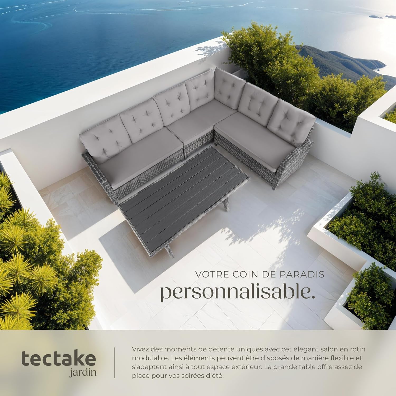 Tectake - salon de jardin XXL canapé 6 places table poly rotin rembourré