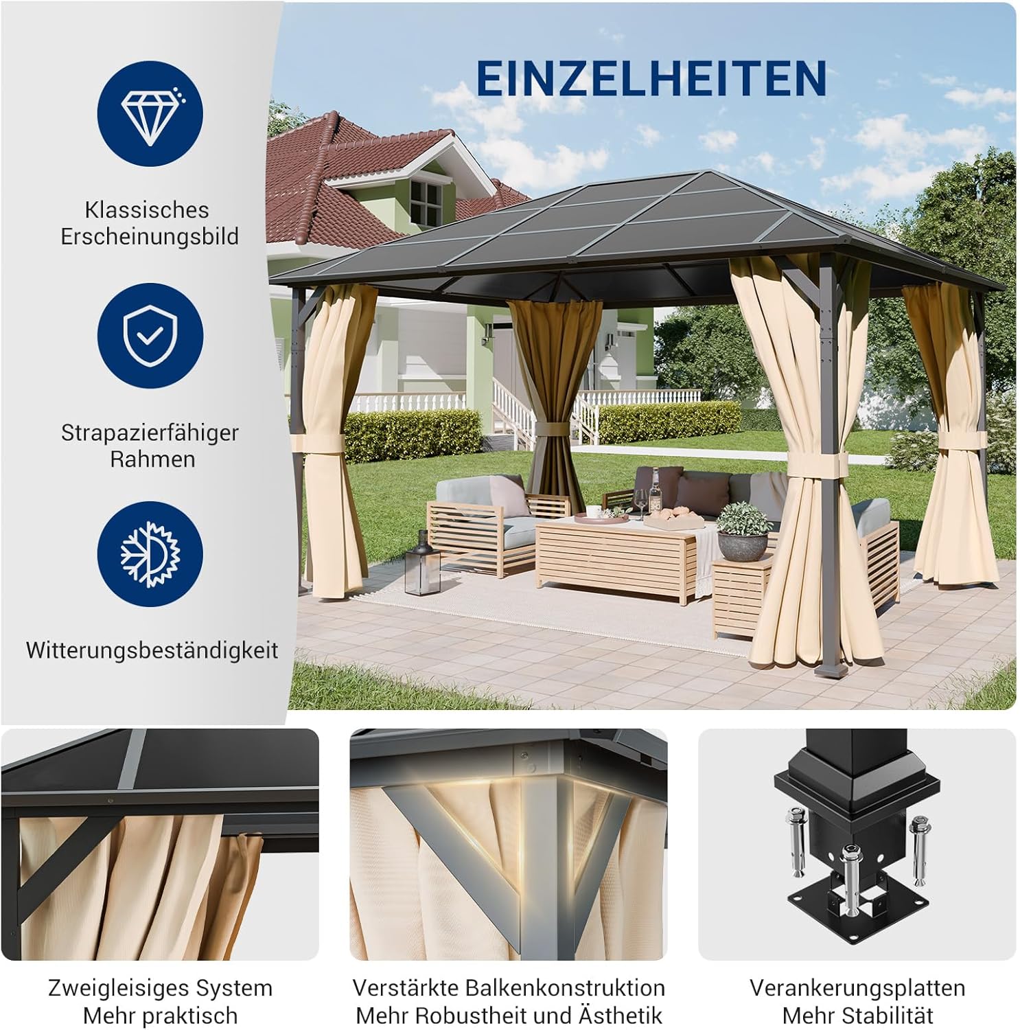 UDPATIO - tonnelle de jardin série imperméable 3x4m, toit UV, rideaux, stabilisée, Champagne