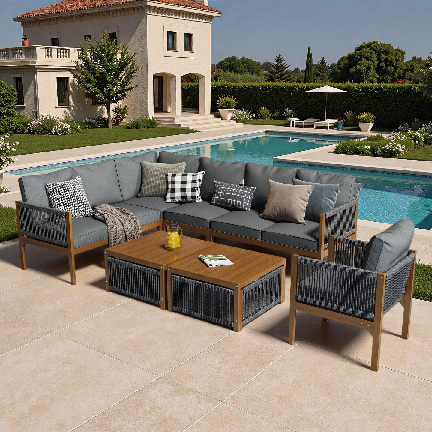 Sapgaks - salon de jardin C-Gris+Naturel - 7/8 personnes - angle, coussins lavables