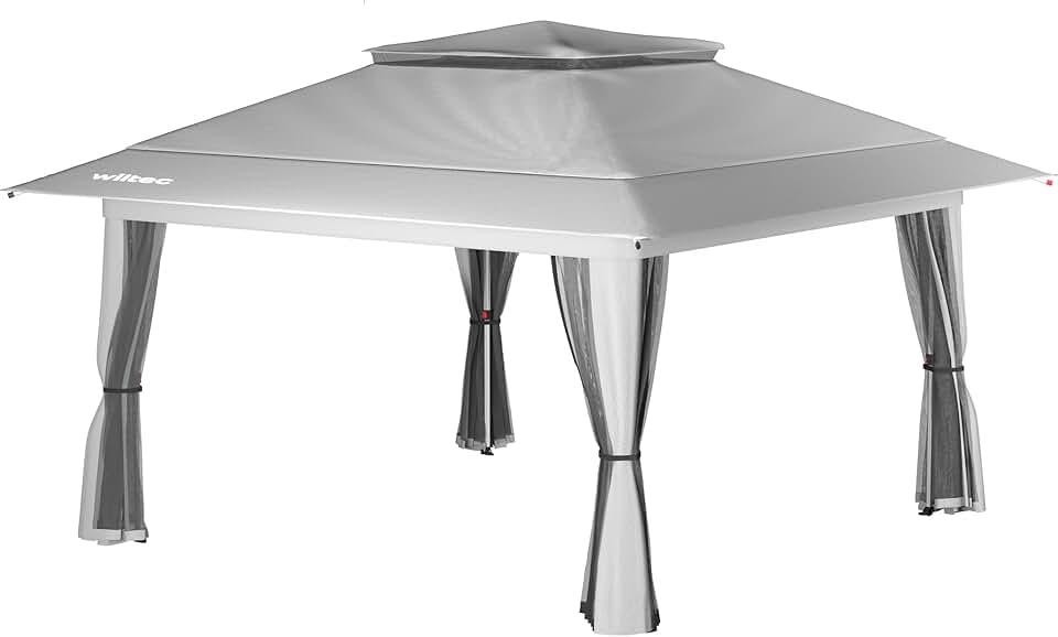 Wiltec - Pavillon pliant 4x4m - gris, moustiquaire, sac à roulettes