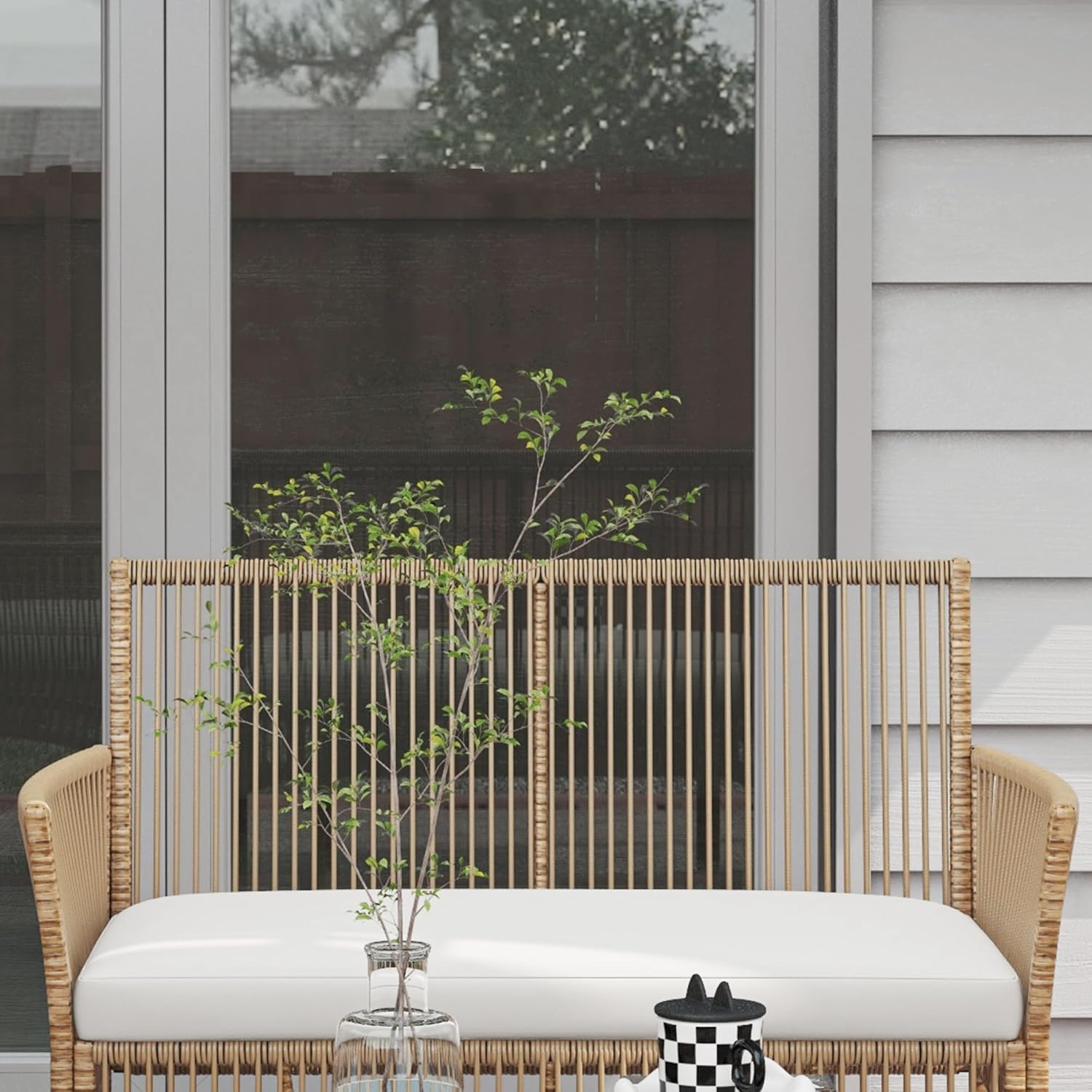 Outsunny - Salon de jardin 4p - métal/résine, coussins beige, table verre