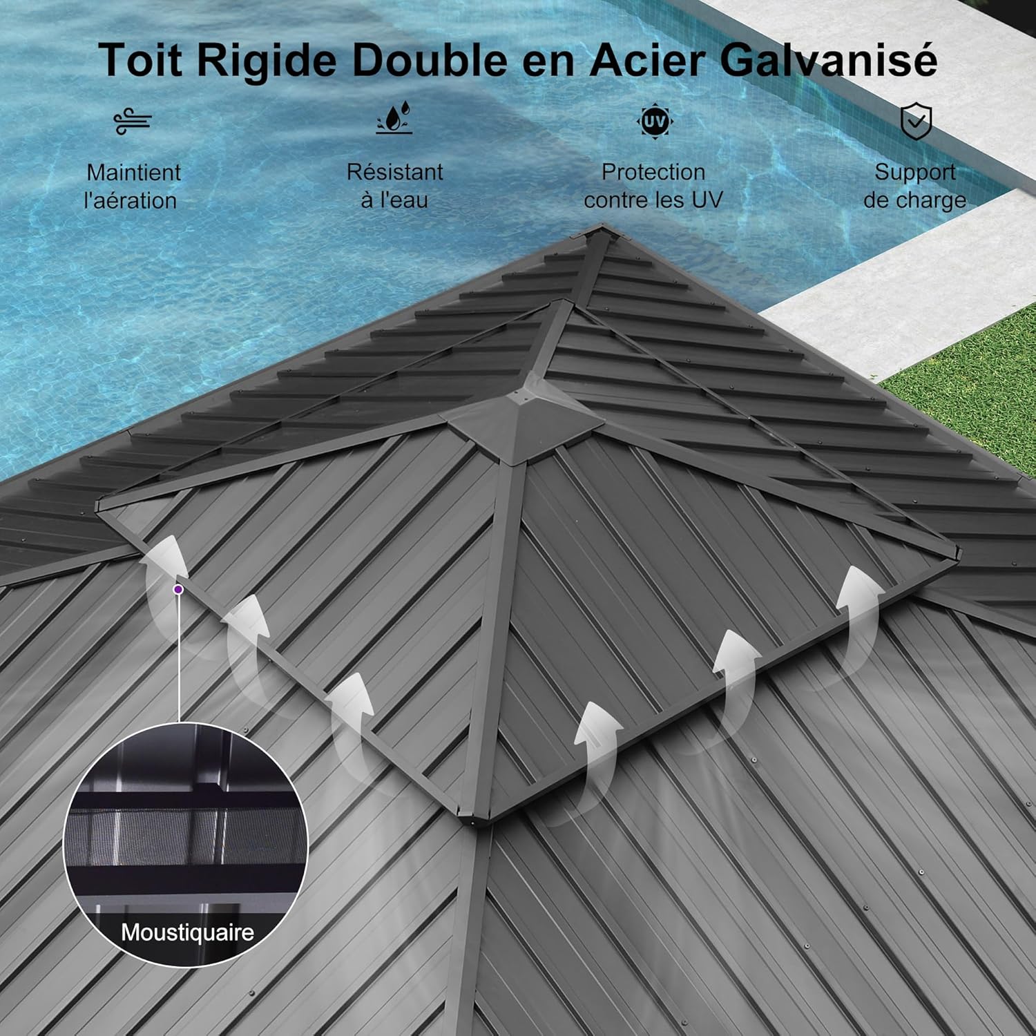 PURPLE LEAF - tonnelle double toit acier 4x4m, rideaux, moustiquaire