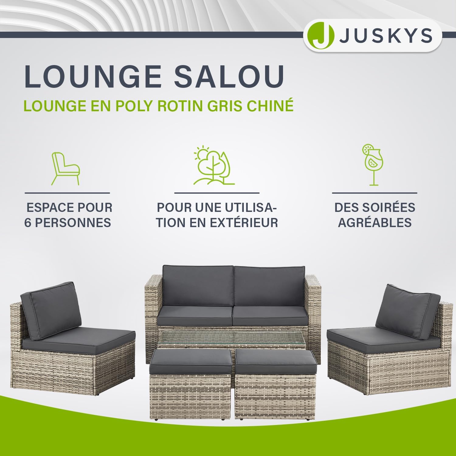 Juskys - Salon de jardin Salou - 6 places, polyrotin, table, coussins, résistant intempéries, gris