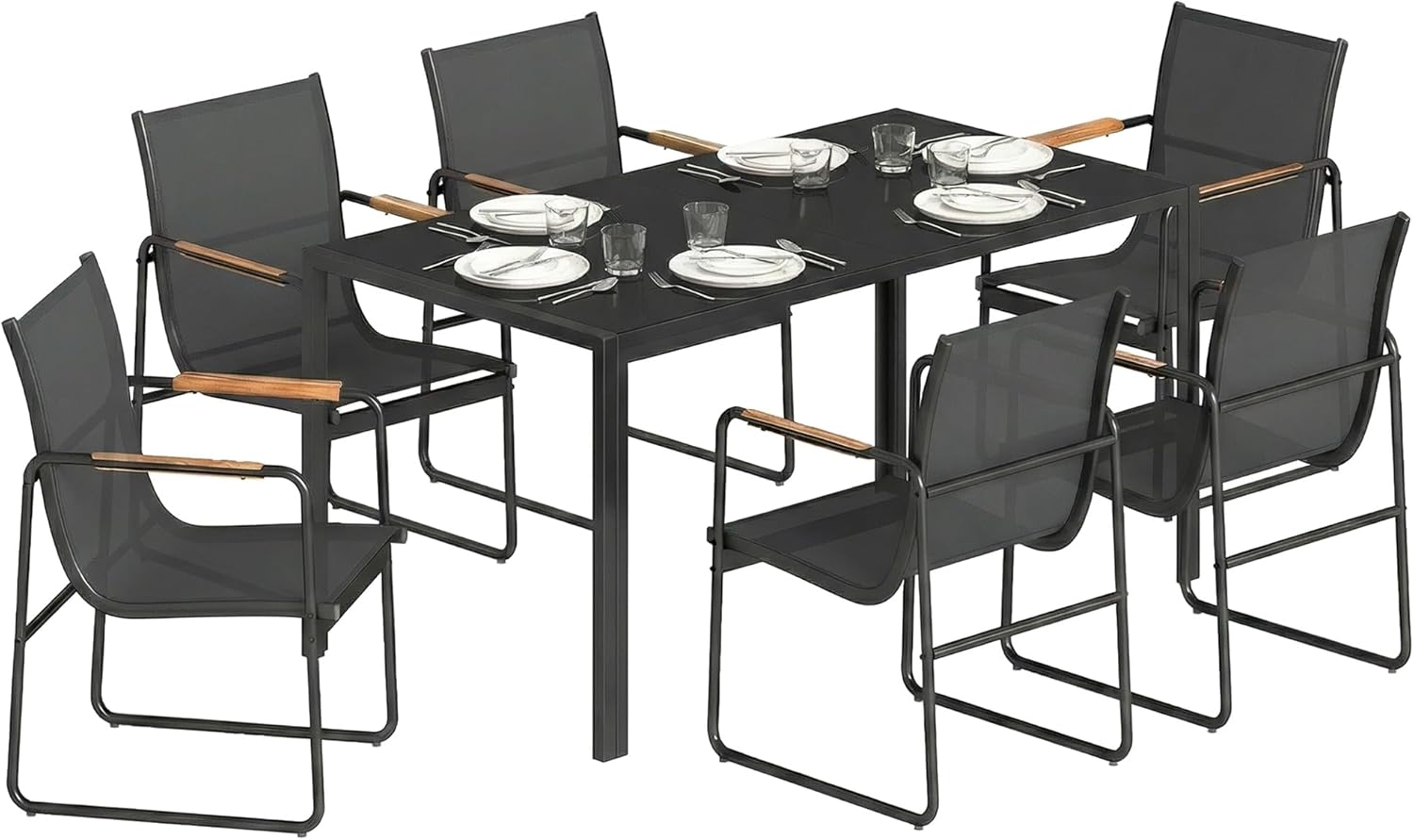 Outsunny - Ensemble salle à manger extérieur 7 pièces - table verre et chaises acier - pour 6 personnes - noir