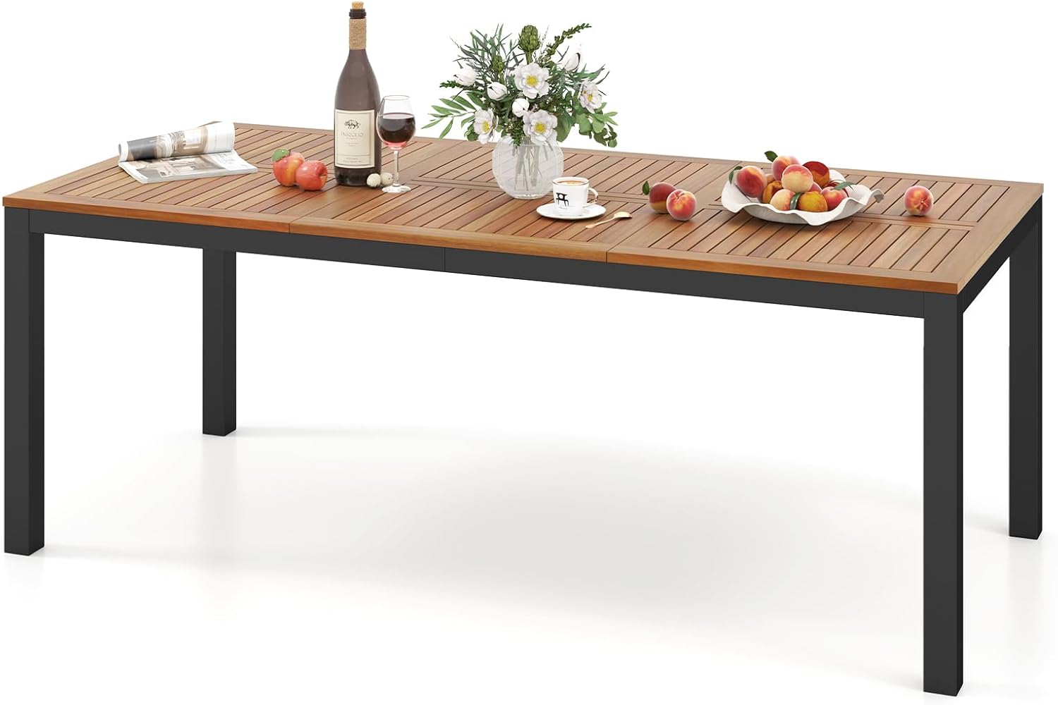 GOPLUS - Table de jardin 8 places, bois d'acacia, métal, 90x200x75cm