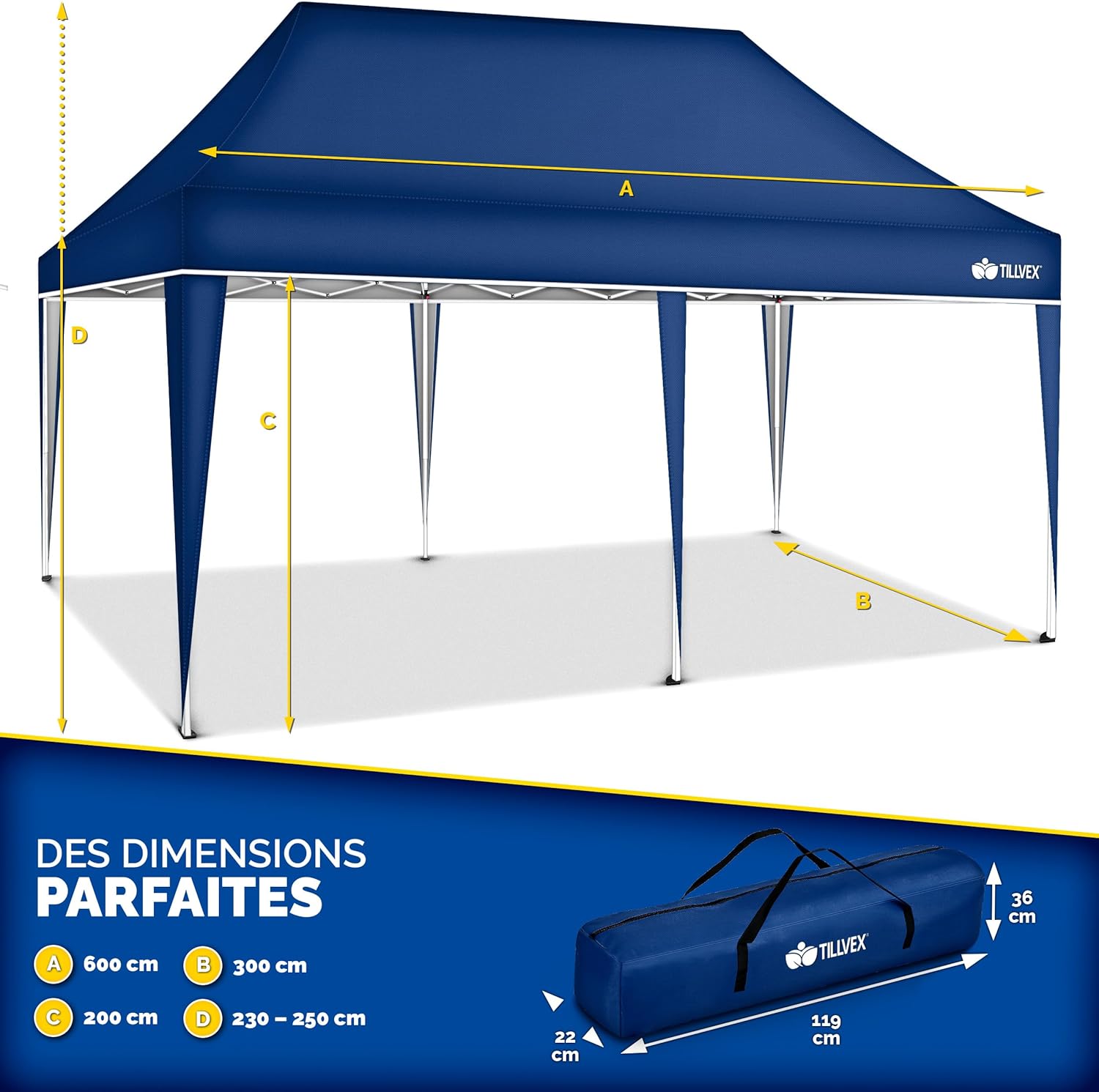 Tillvex - tonnelle pliable 3x6m - étanche, réglable, UV50+, bleu