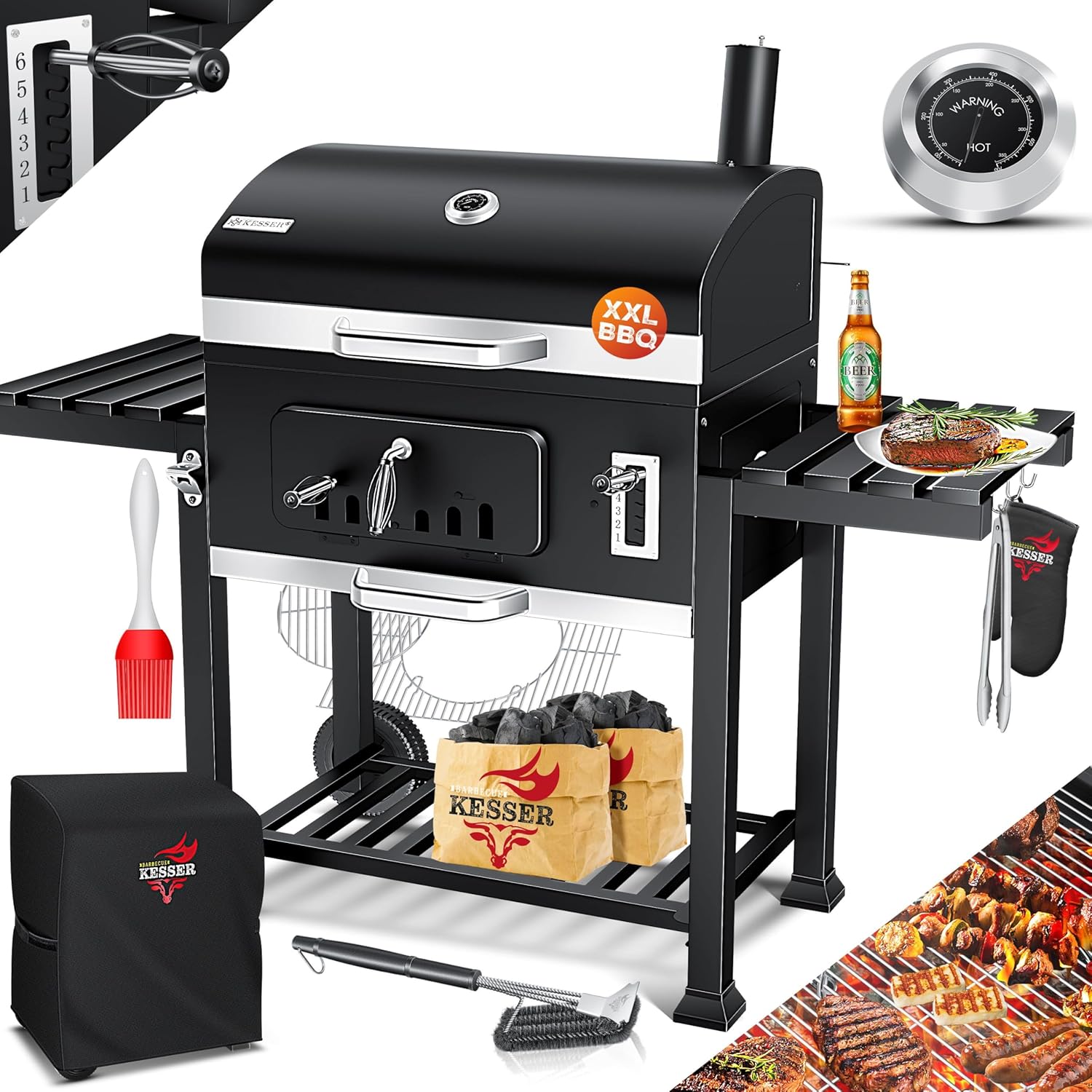 KESSER - barbecue charbon XXL - sur pied, thermomètre, 8 brochettes