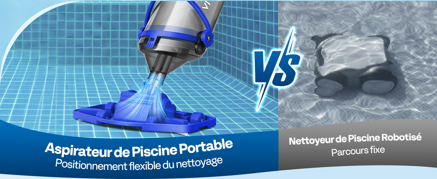 Le texte se lit comme suit : « Nettoyeur de Piscine Robotisé », « Aspirateur de Piscine Portable », « VS ». Comparaison des équipements de nettoyage de piscine montrant deux appareils de nettoyage différents dans l'eau de la piscine.