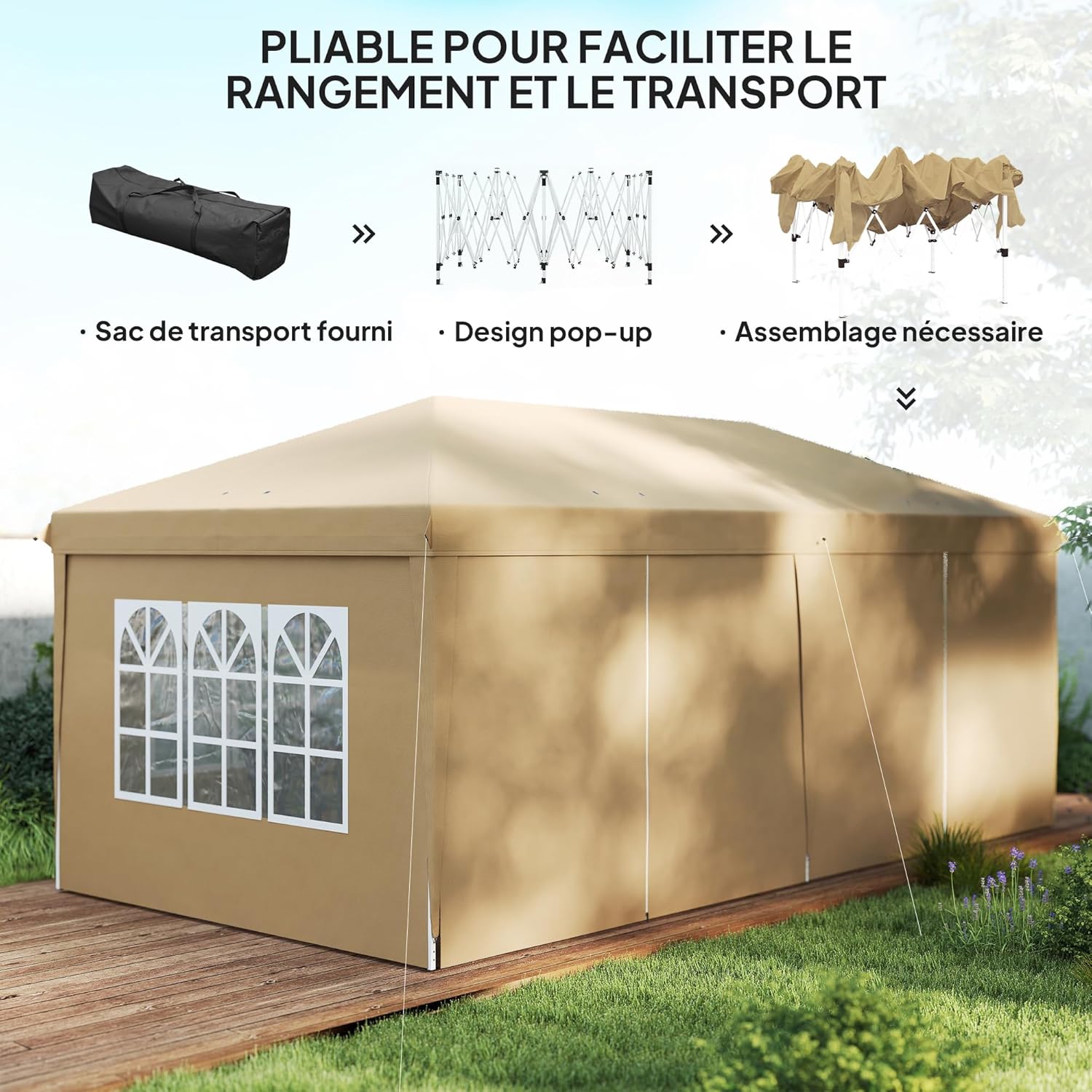 Outsunny Tonnelle de Jardin 3x6m Barnum Pliant avec Côtés Amovibles - Tente de Réception Structure en Acier Renforcée - Abri de Jardin Pop-up pour Mariage, Fête et Marché, Sac de Transport, Kaki