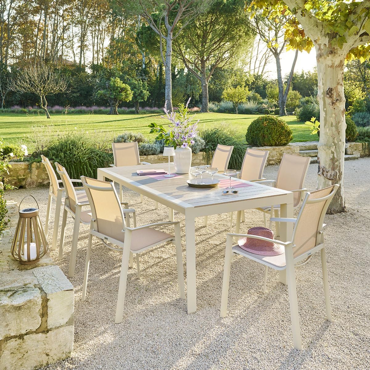 Hespéride - Table de jardin Évasion 8 places - aluminium, effet bois, lin et argile