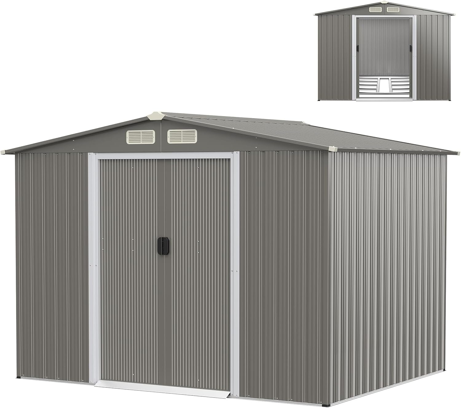 COSTWAY Abri de Jardin 4.7㎡en Acier Galvanisé Anti-UV, 260 x 207 x 181 CM, Cabane de Jardin Exterieur 9.7 m³ avec Fondation et Porte Coulissante, Rampe, 4 Trous d’Aération, 4 Gants Inclus, Gris