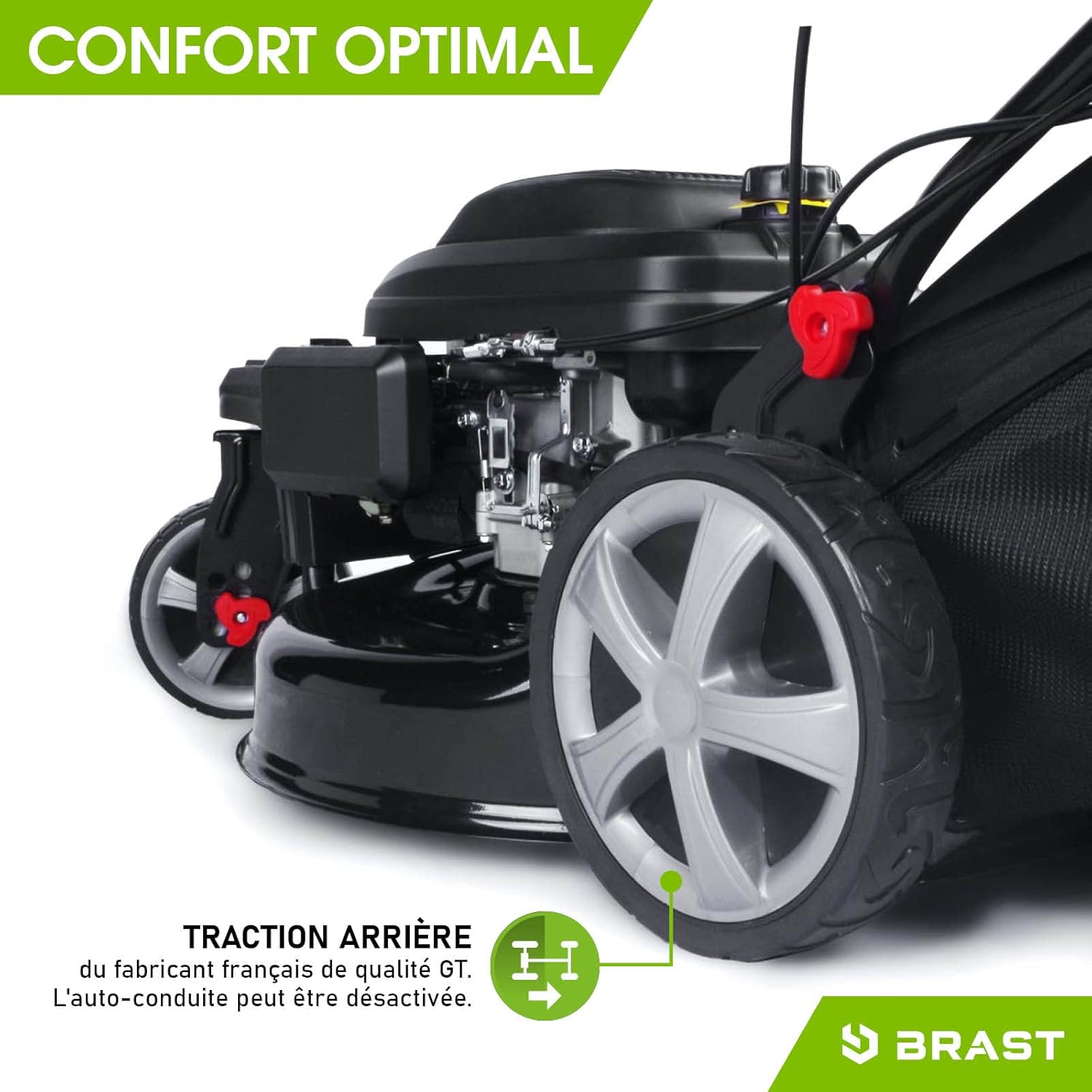 BRAST - tondeuse thermique 3 roues - 53cm, 224cc, 7cv, mulching, 4en1, capot acier, guidon réglable - TRIKE