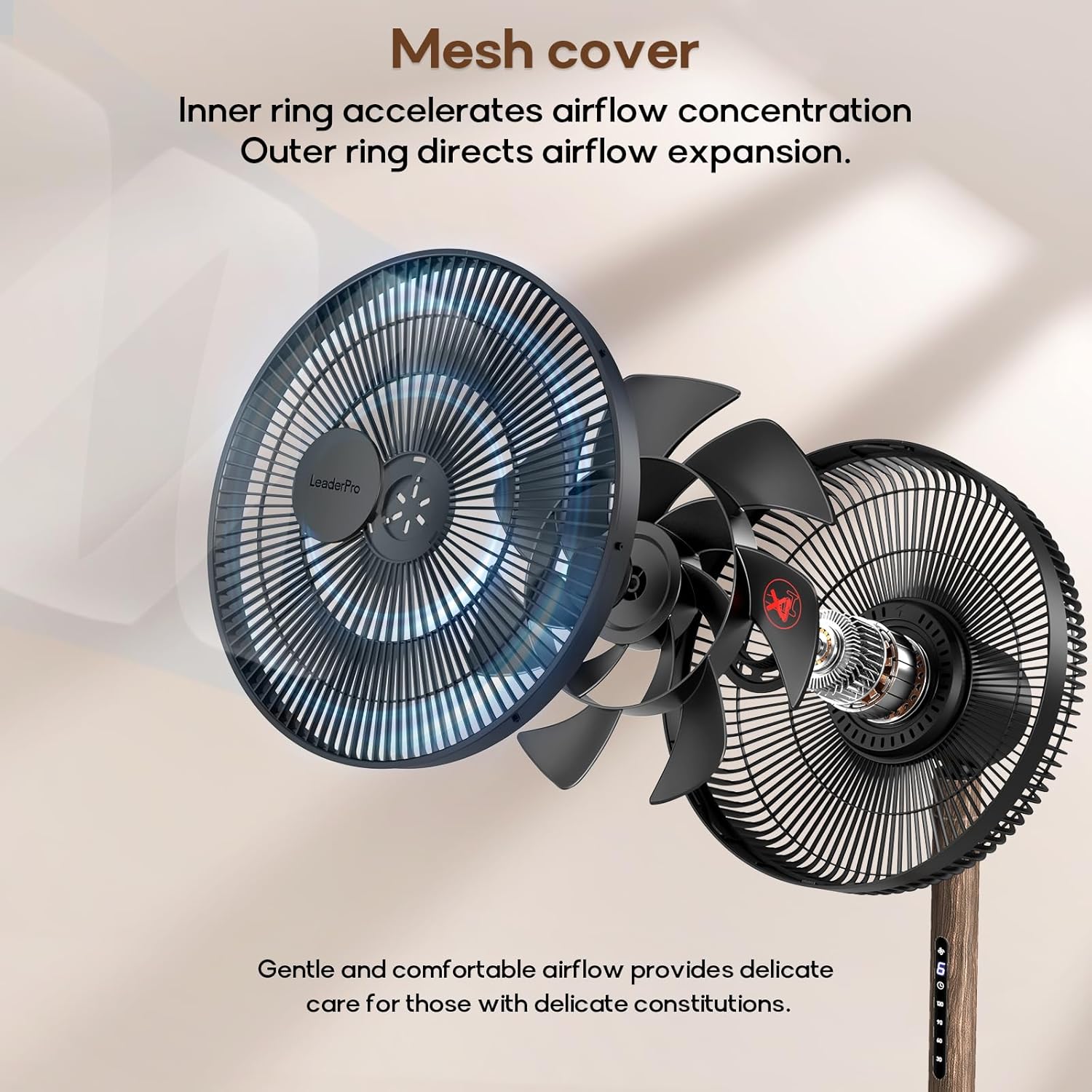 LeaderPro Ventilateur sur Pied Silencieux 12,8 dB avec Télécommande, Débit d'Air de 1980 m³/h, Double Lames Puissantes, Oscillation 120°, 8 Vitesses, Minuterie 8 h, Hauteur Réglable, Moteur DC, Noir